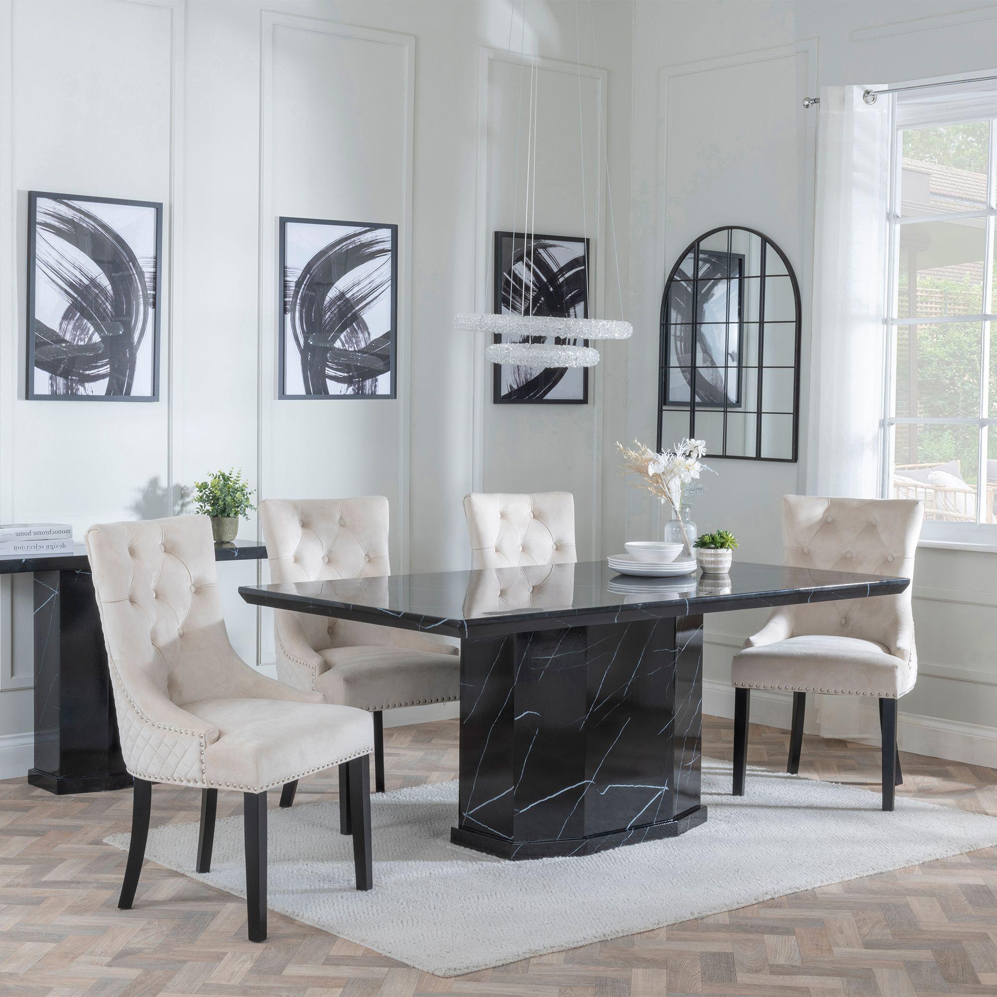 Naples Dining Set - 6 Seater - 160cm - Black Marble - Lion Knocker Back Dining Chairs - Champagne Velvet Fabric - Black Wooden Legs