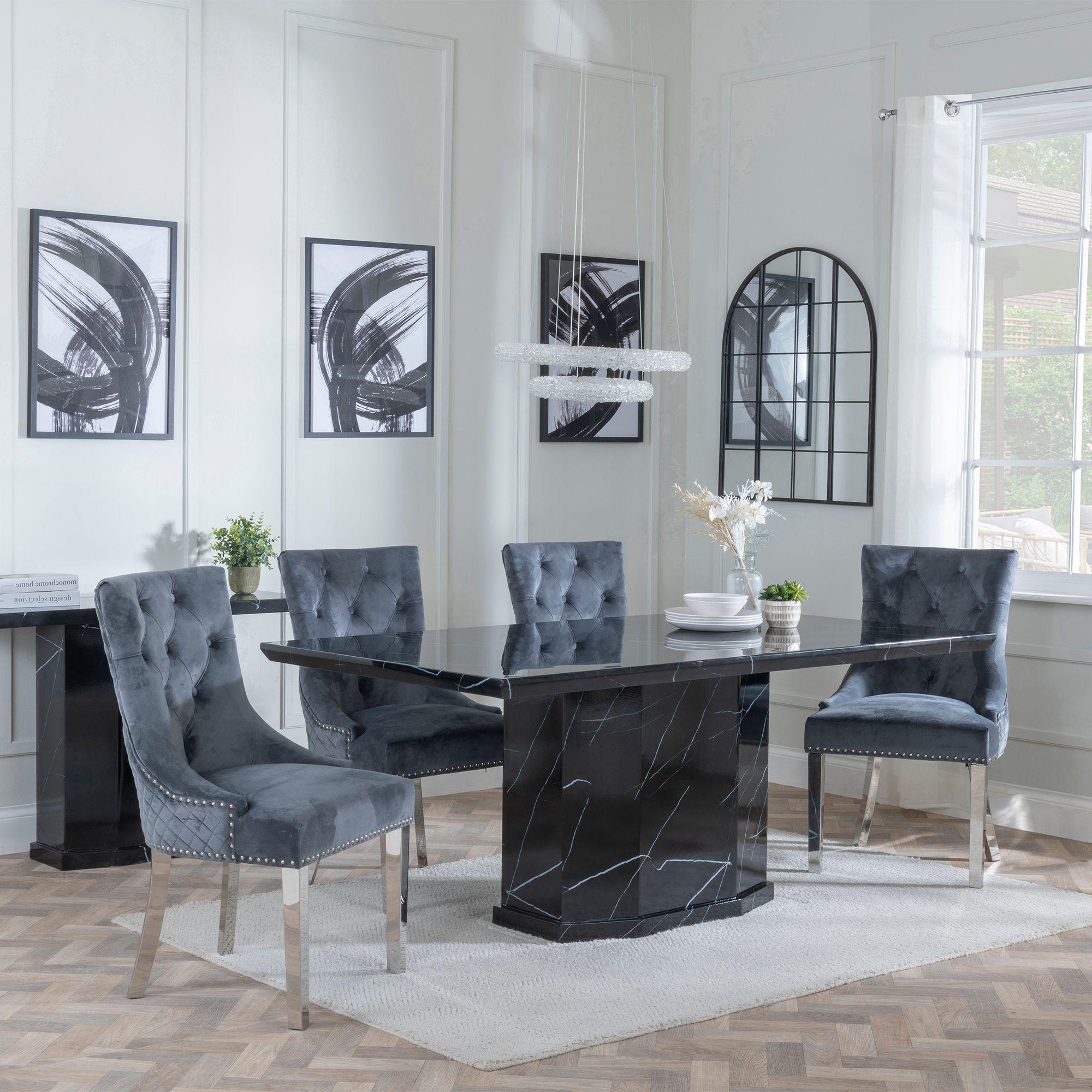 Naples Dining Set - 6 Seater - 160cm - Black Marble - Lion Knocker Back Dining Chairs - Grey Velvet Fabric - Chrome Legs