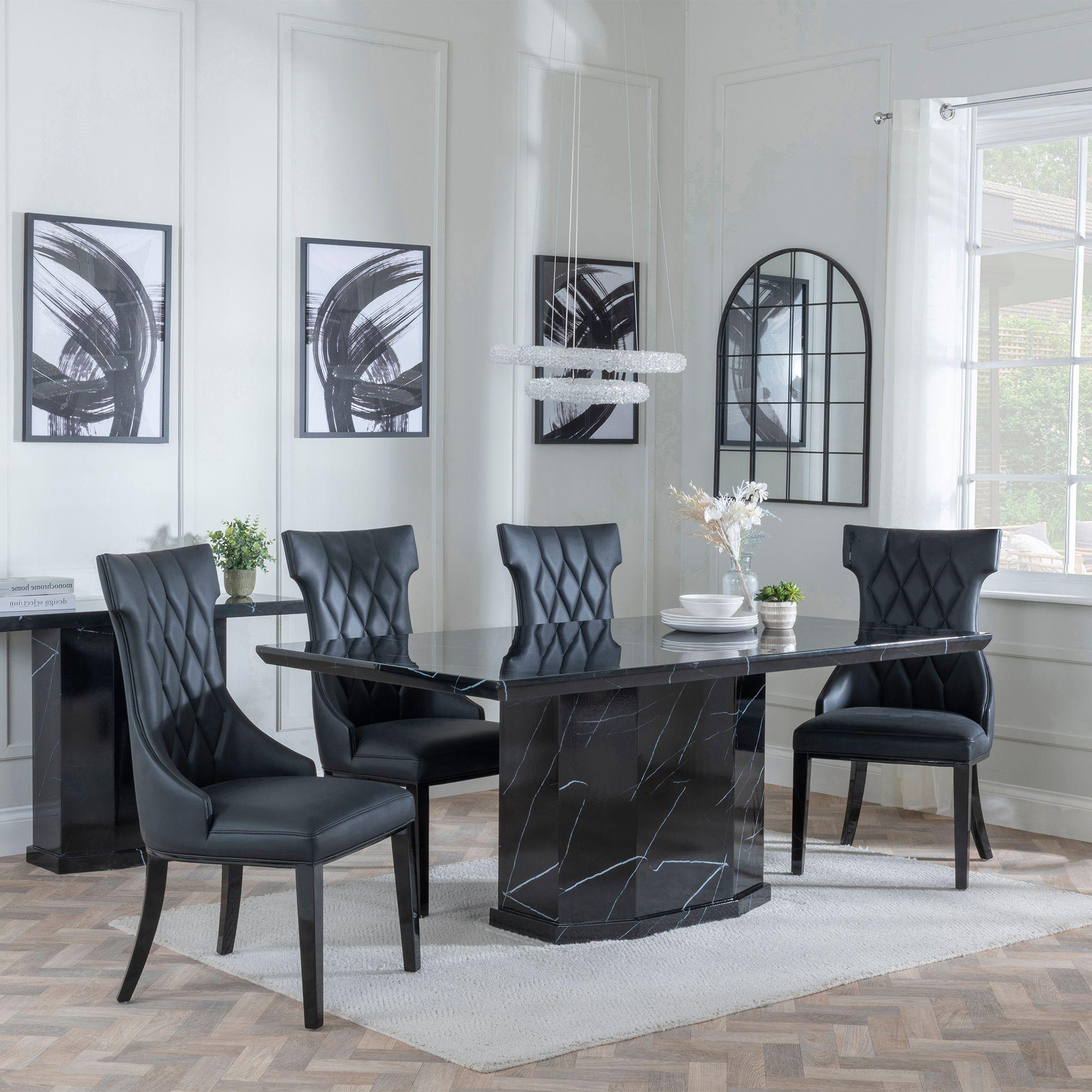 Naples Dining Set - 6 Seater - 160cm - Black Marble - Mimi Dining Chairs - Black Leather