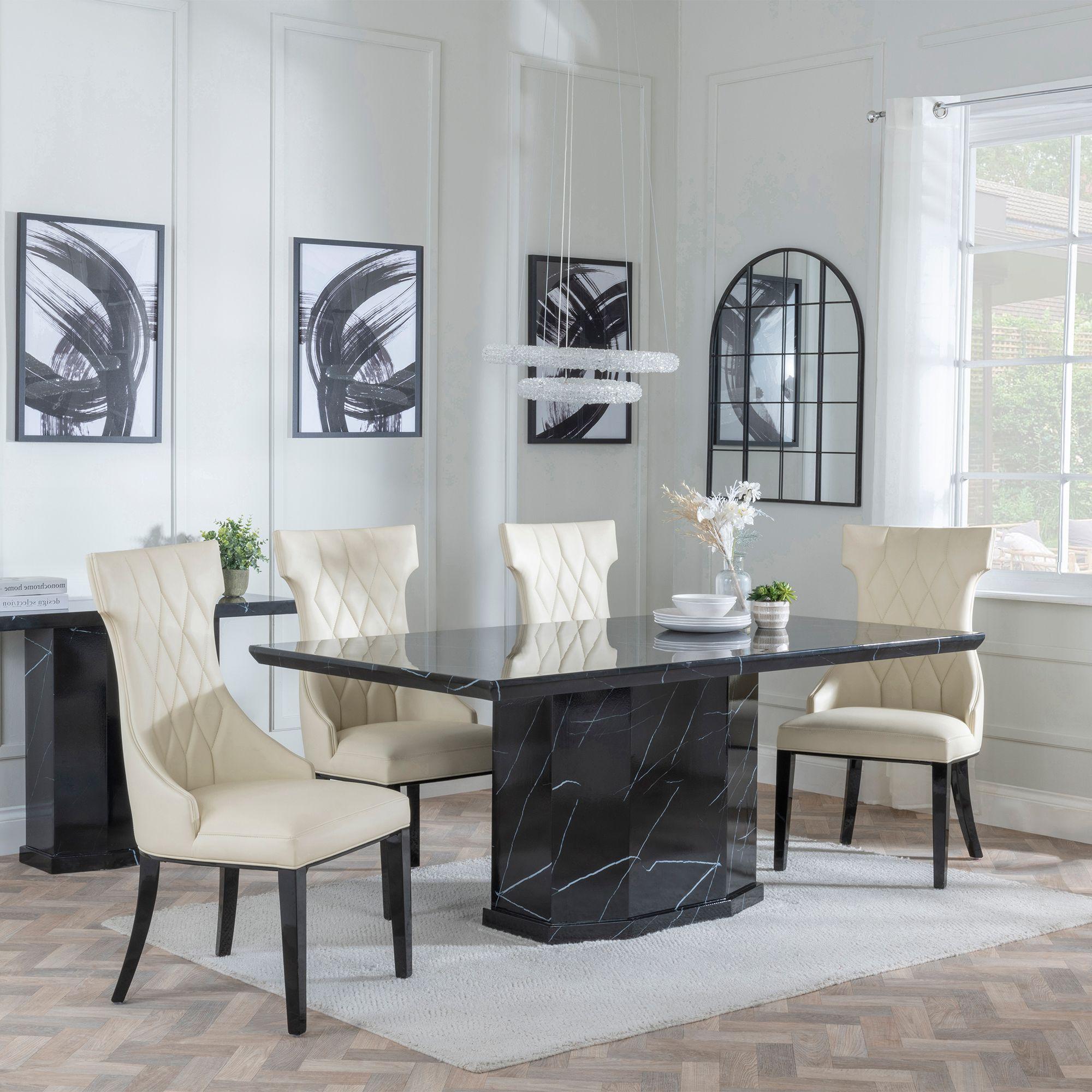 Naples Dining Set - 6 Seater - 160cm - Black Marble - Mimi Dining Chairs - Cream Leather