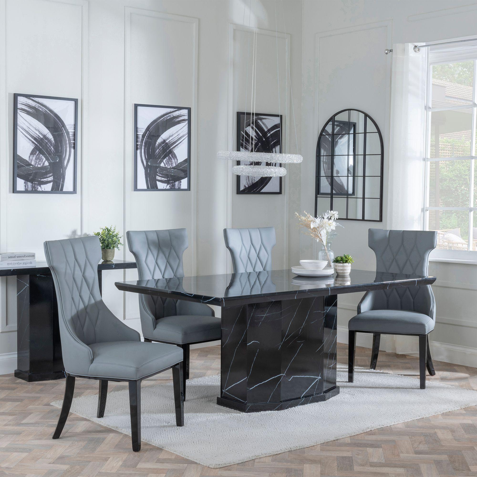 Naples Dining Set - 6 Seater - 160cm - Black Marble - Mimi Dining Chairs - Grey Leather