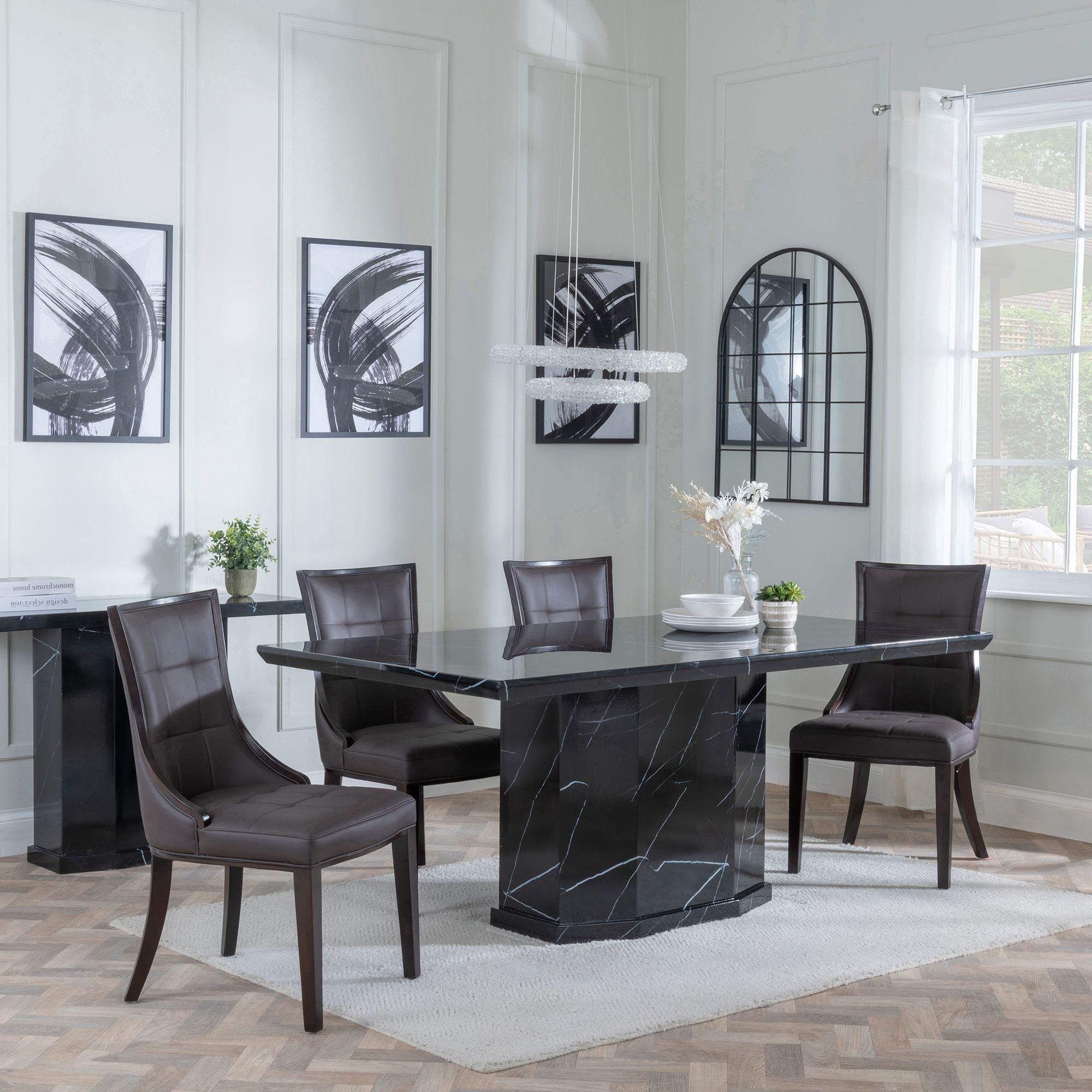 Naples Dining Set - 6 Seater - 160cm - Black Marble - Paris Dining Chairs - Brown Leather - Brown Legs