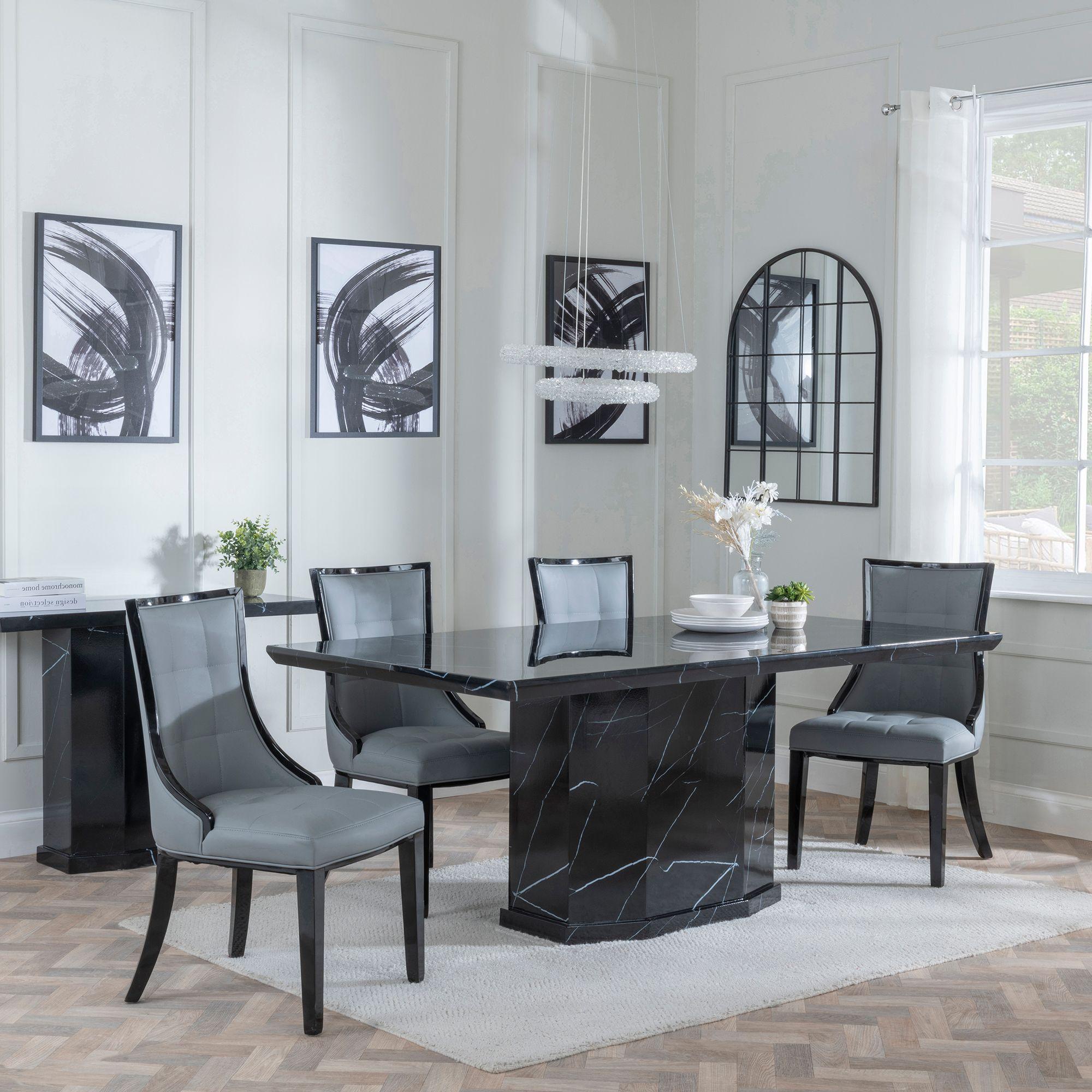 Naples Dining Set - 6 Seater - 160cm - Black Marble - Paris Dining Chairs - Grey Leather - Black Legs