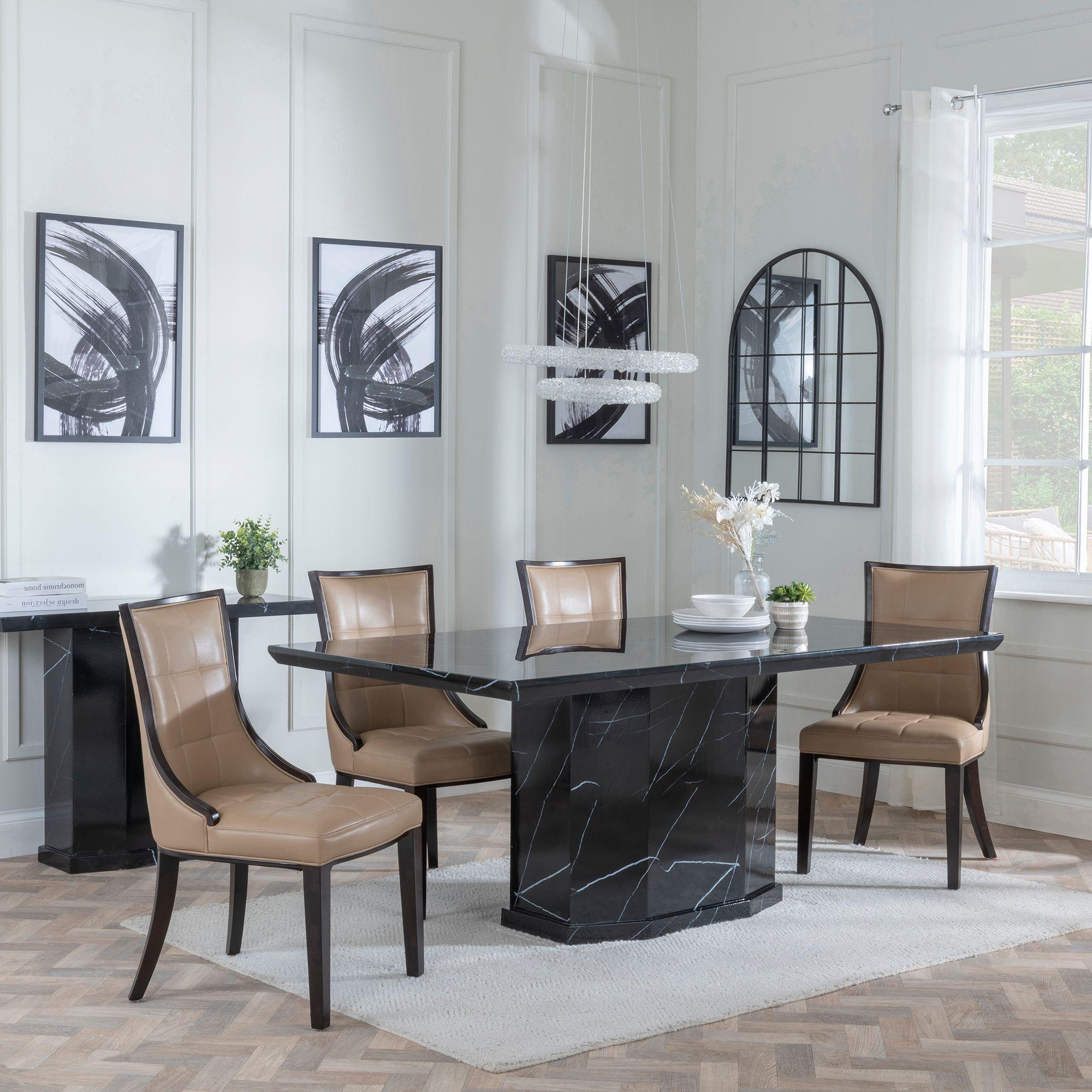 Naples Dining Set - 6 Seater - 160cm - Black Marble - Paris Dining Chairs - Taupe Leather - Brown Legs