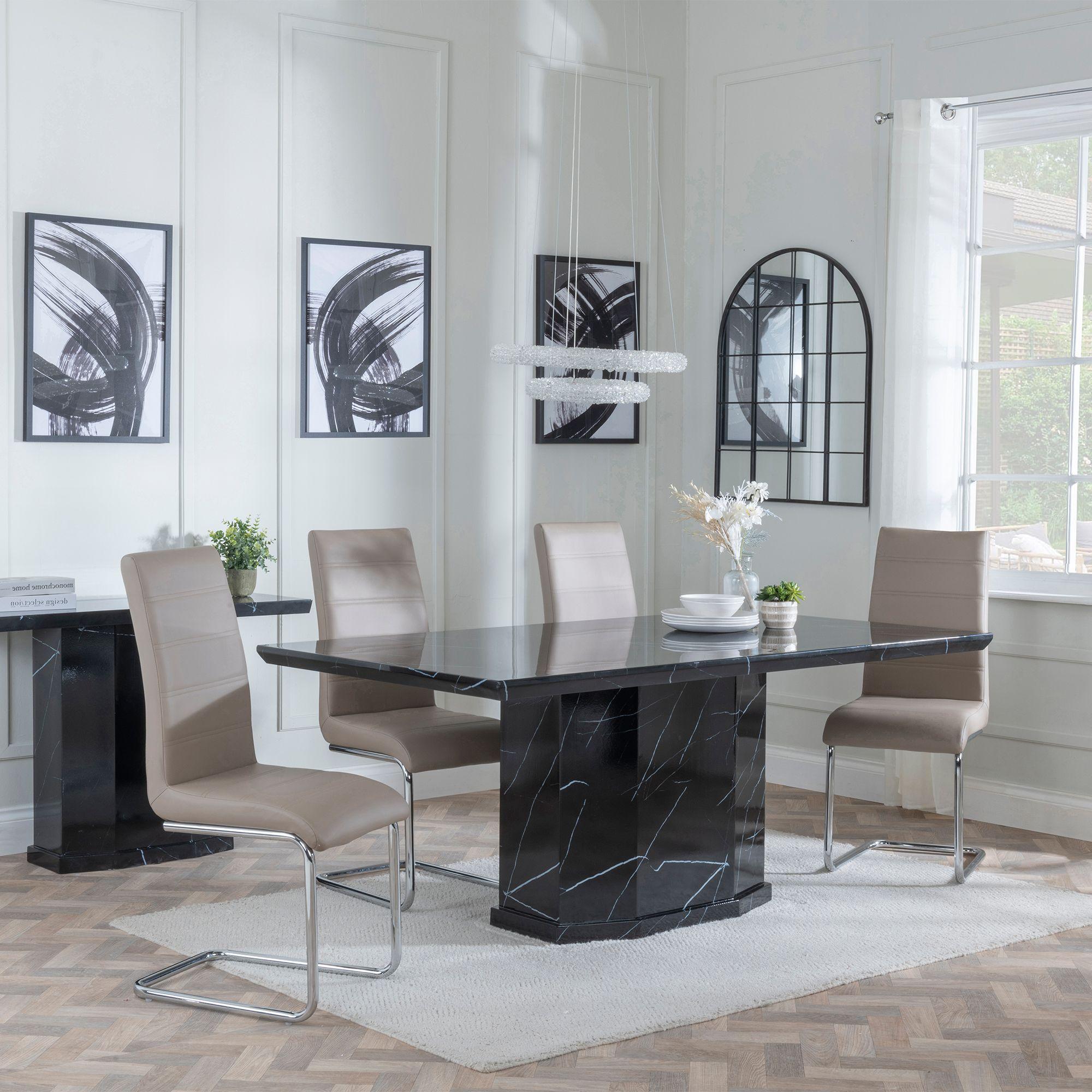 Naples Dining Set - 6 Seater - 160cm - Black Marble - Roma Dining Chairs - Beige Faux Leather
