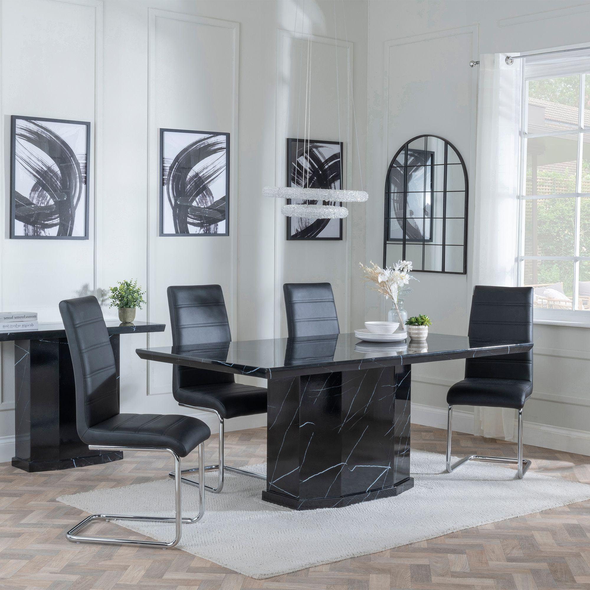 Naples Dining Set - 6 Seater - 160cm - Black Marble - Roma Dining Chairs - Black Faux Leather