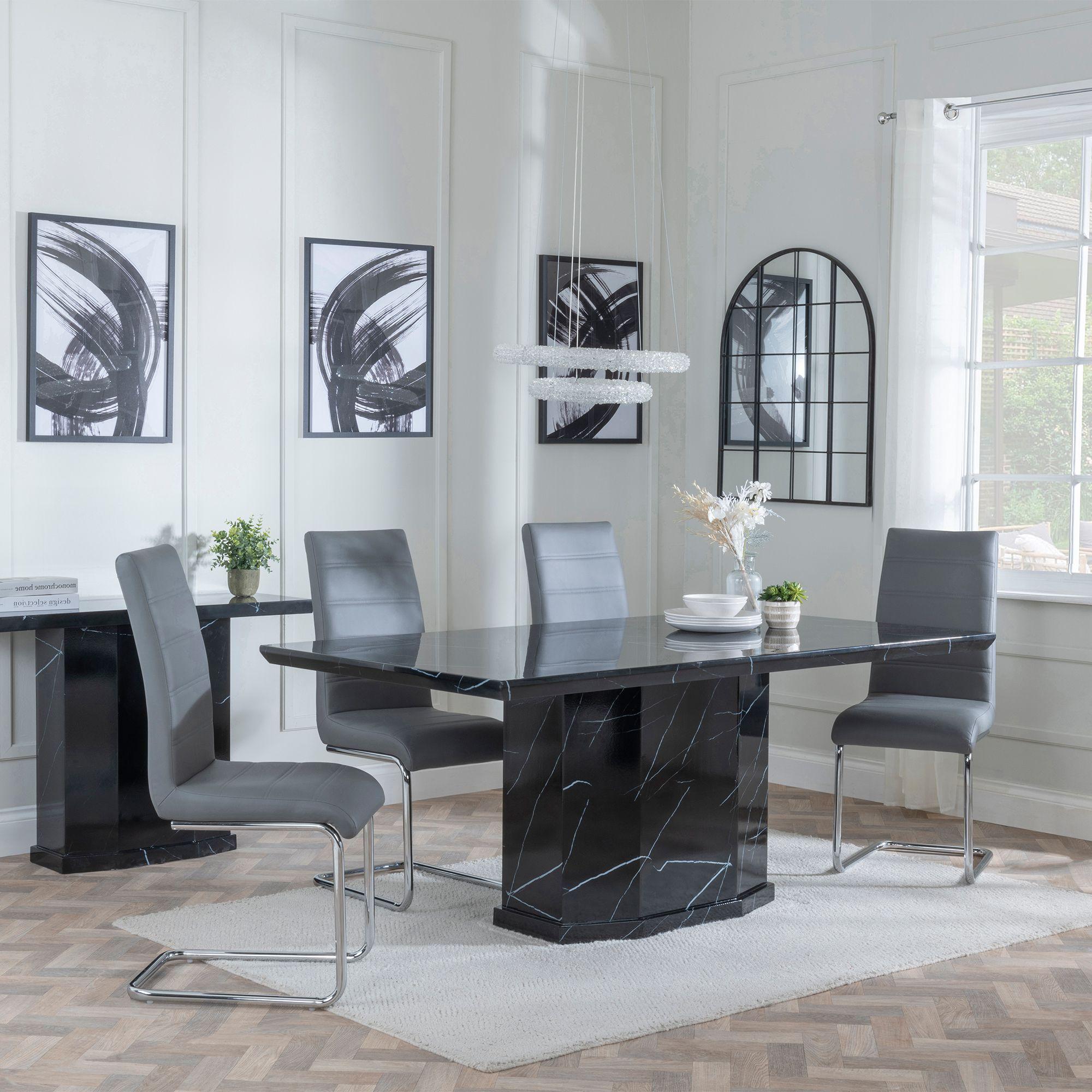 Naples Dining Set - 6 Seater - 160cm - Black Marble - Roma Dining Chairs - Grey Faux Leather