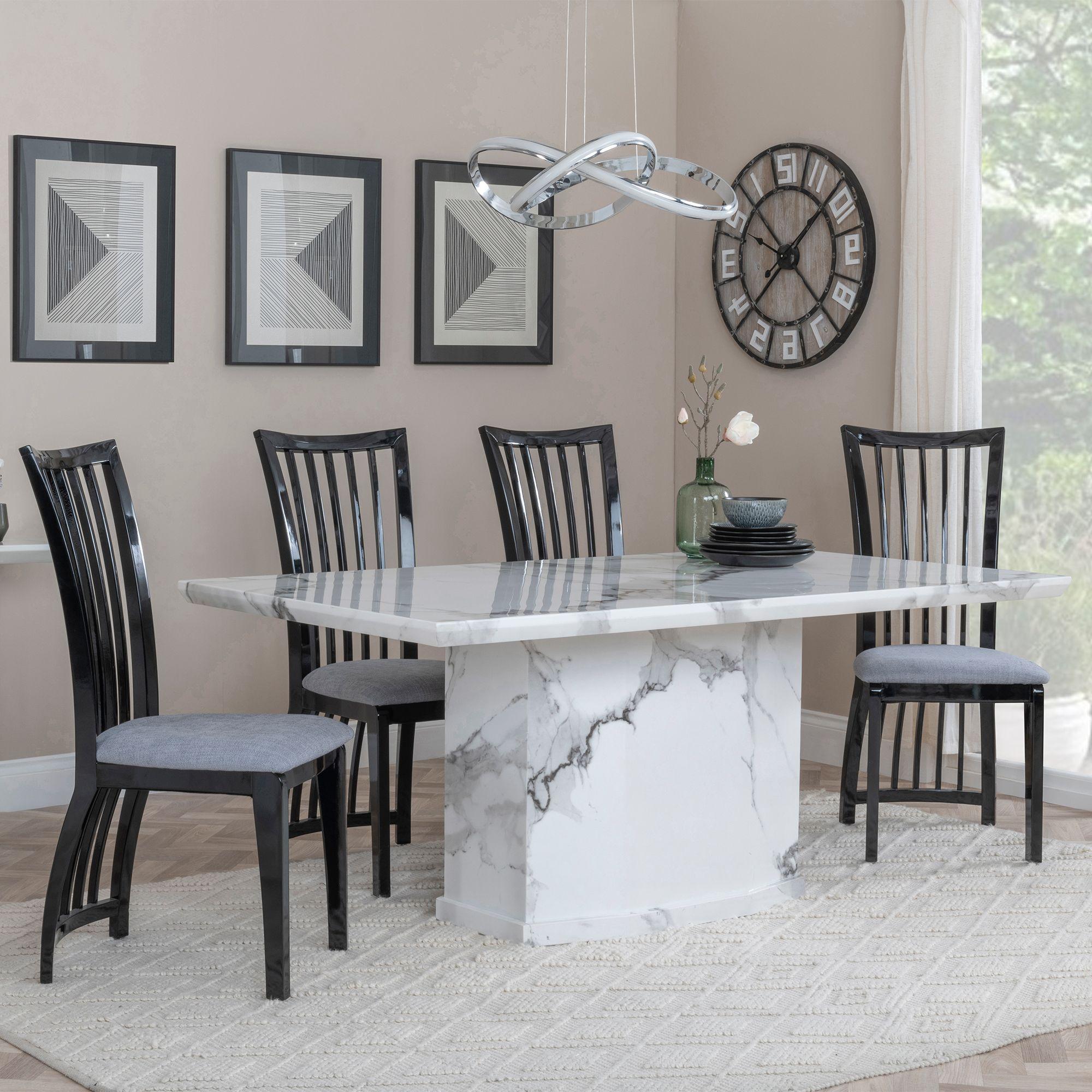 Naples Dining Set - 6 Seater - 160cm - White Marble - Athena Dining Chairs - Black High Gloss - Slatted Back - Grey Seat Pads