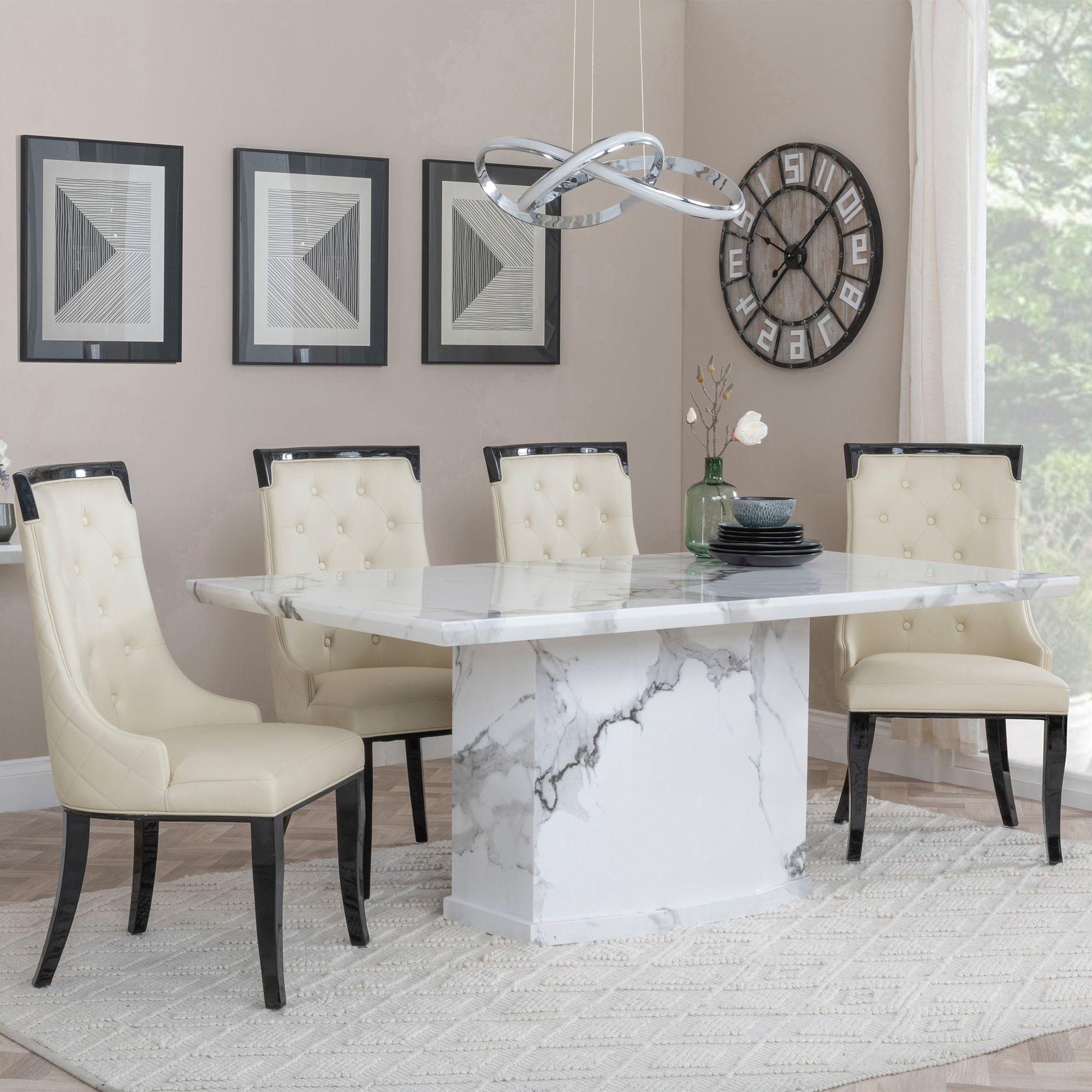Naples Dining Set - 6 Seater - 160cm - White Marble - Carmela Dining Chairs - Cream Leather