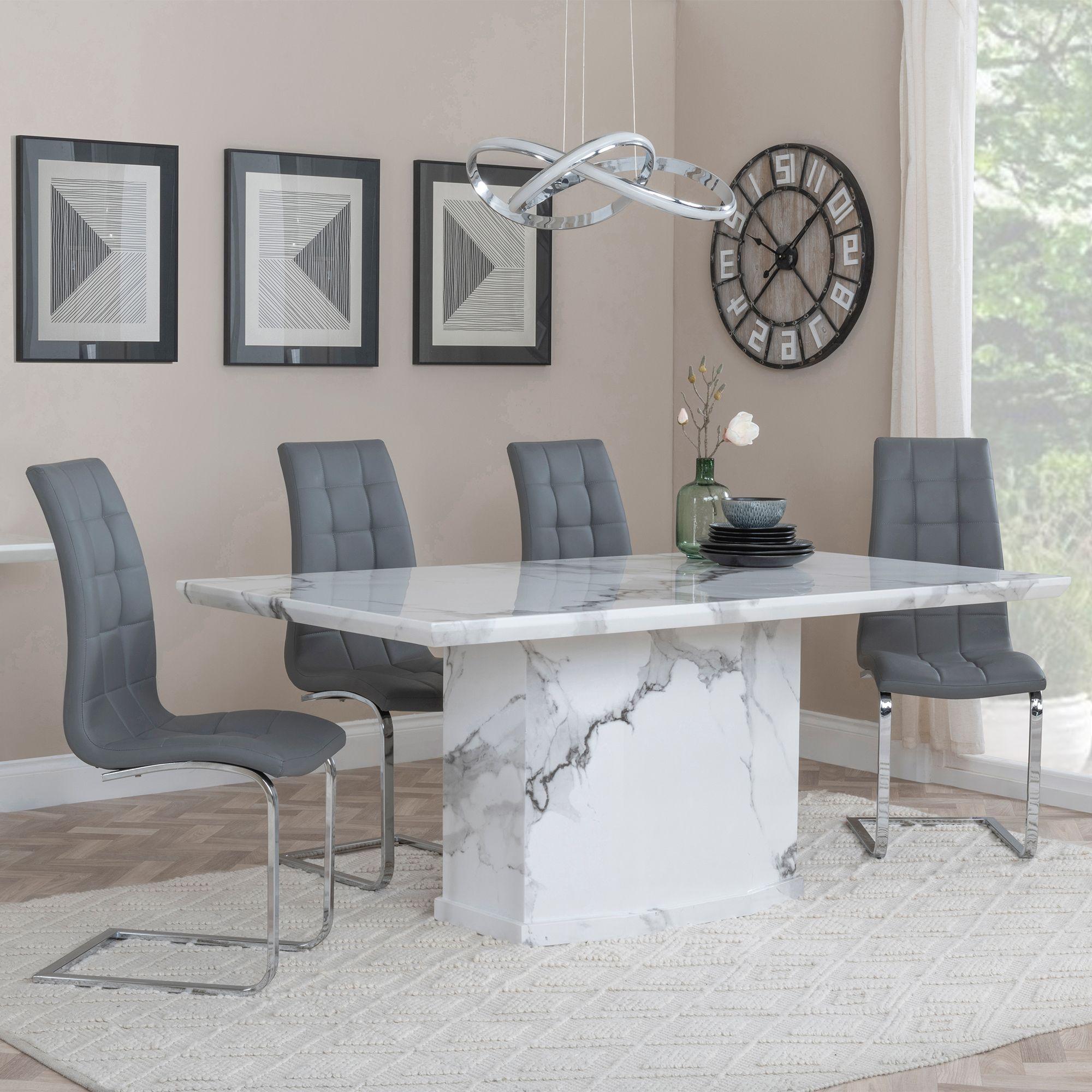 Naples Dining Set - 6 Seater - 160cm - White Marble - Jamison Dining Chairs - Grey Faux Leather