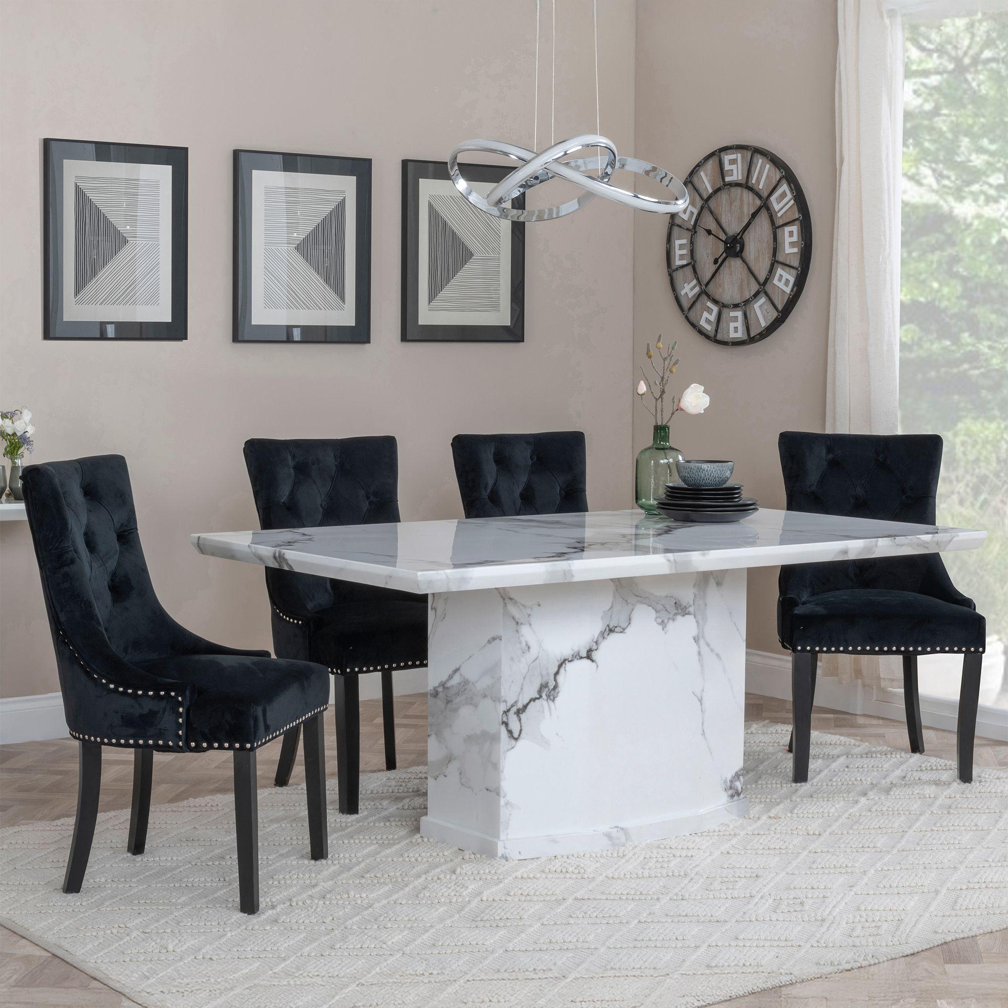 Naples Dining Set - 6 Seater - 160cm - White Marble - Knocker Back Dining Chairs - Black Velvet Fabric - Black Wooden Legs