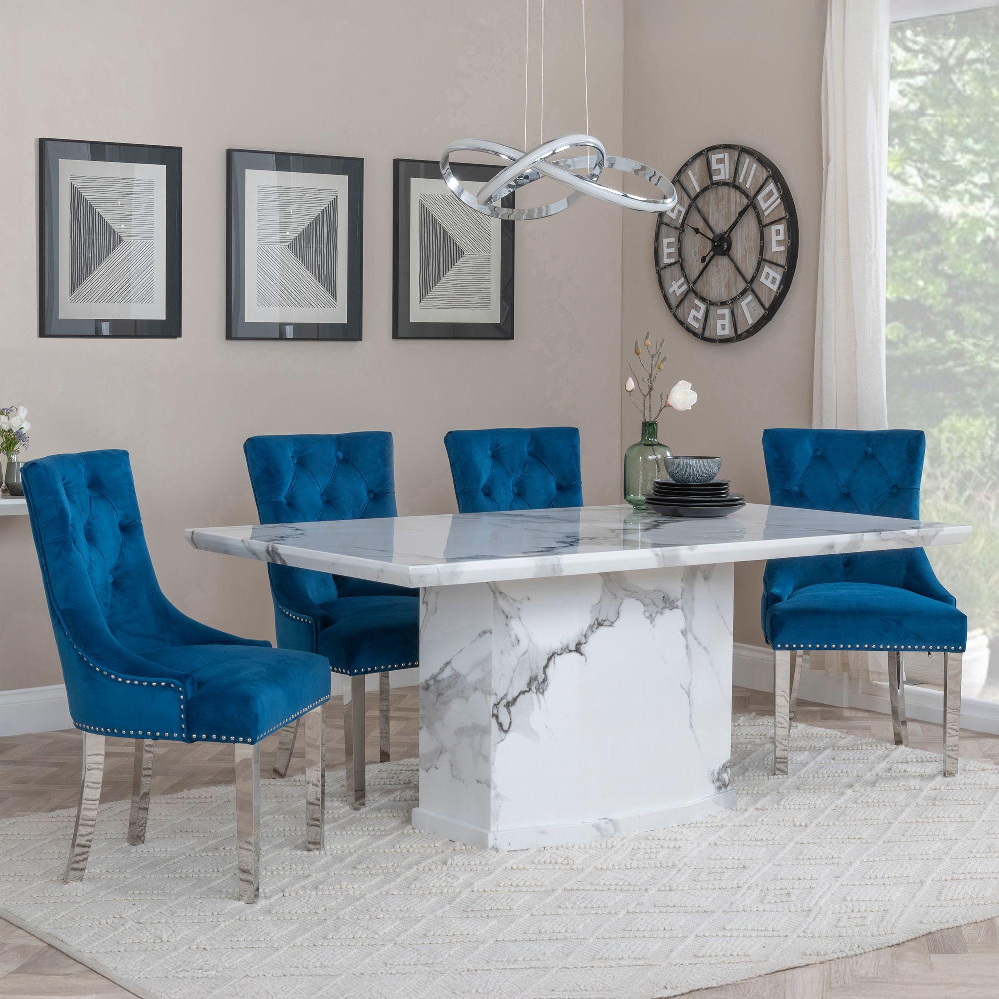 Naples Dining Set - 6 Seater - 160cm - White Marble - Knocker Back Dining Chairs - Blue Velvet Fabric - Chrome Legs