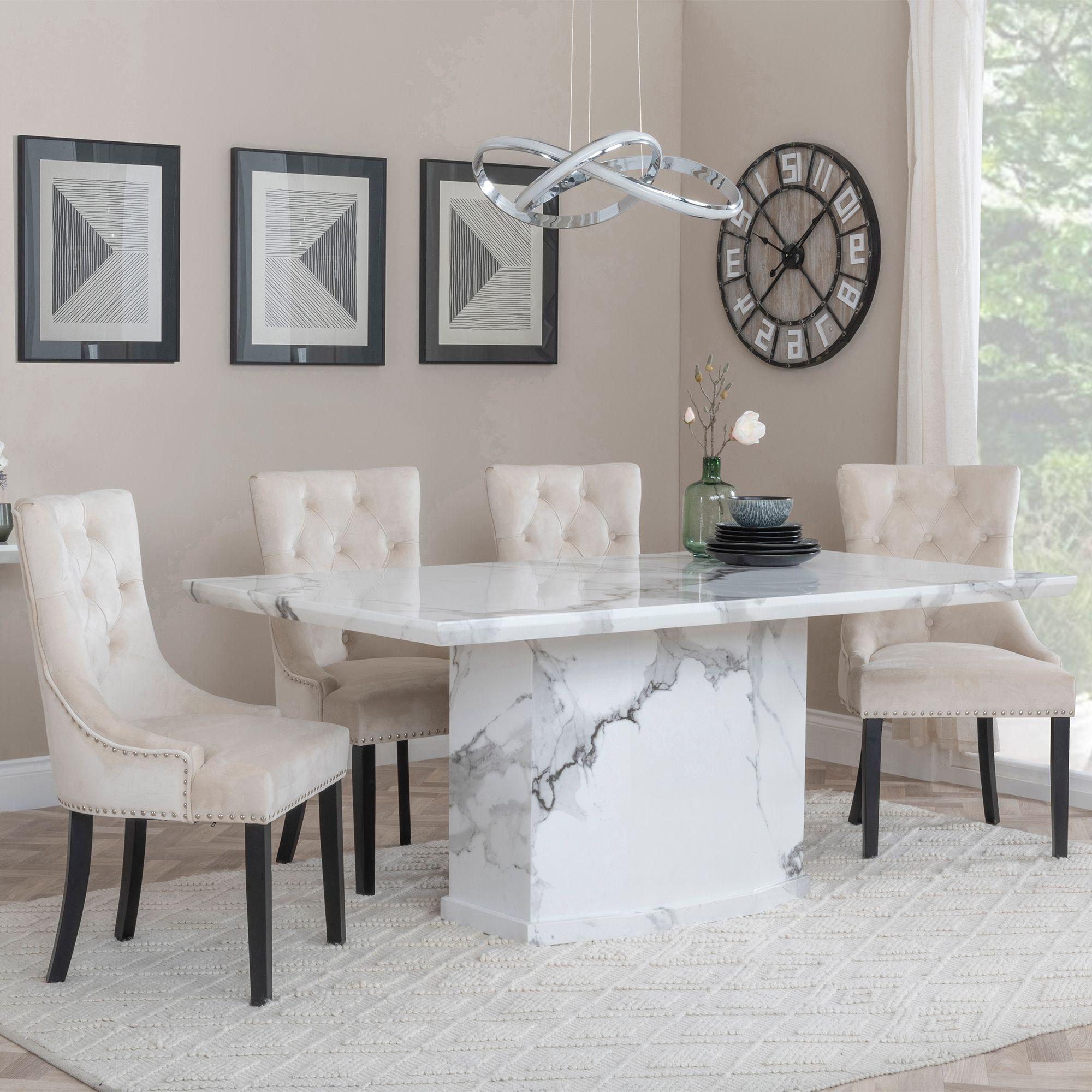 Naples Dining Set - 6 Seater - 160cm - White Marble - Knocker Back Dining Chairs - Champagne Velvet Fabric - Black Wooden Legs