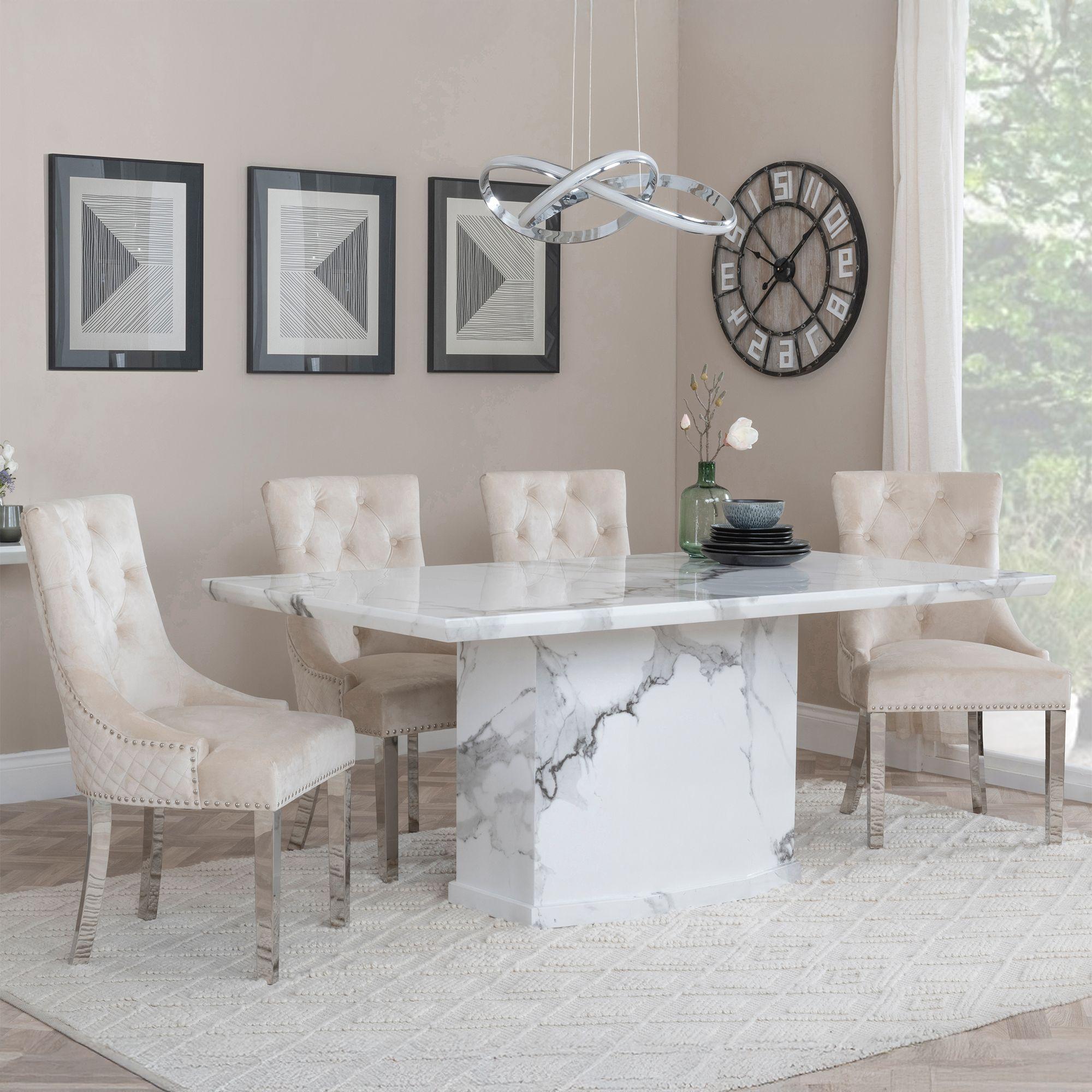 Naples Dining Set - 6 Seater - 160cm - White Marble - Lion Knocker Back Dining Chairs - Champagne Velvet Fabric - Chrome Legs