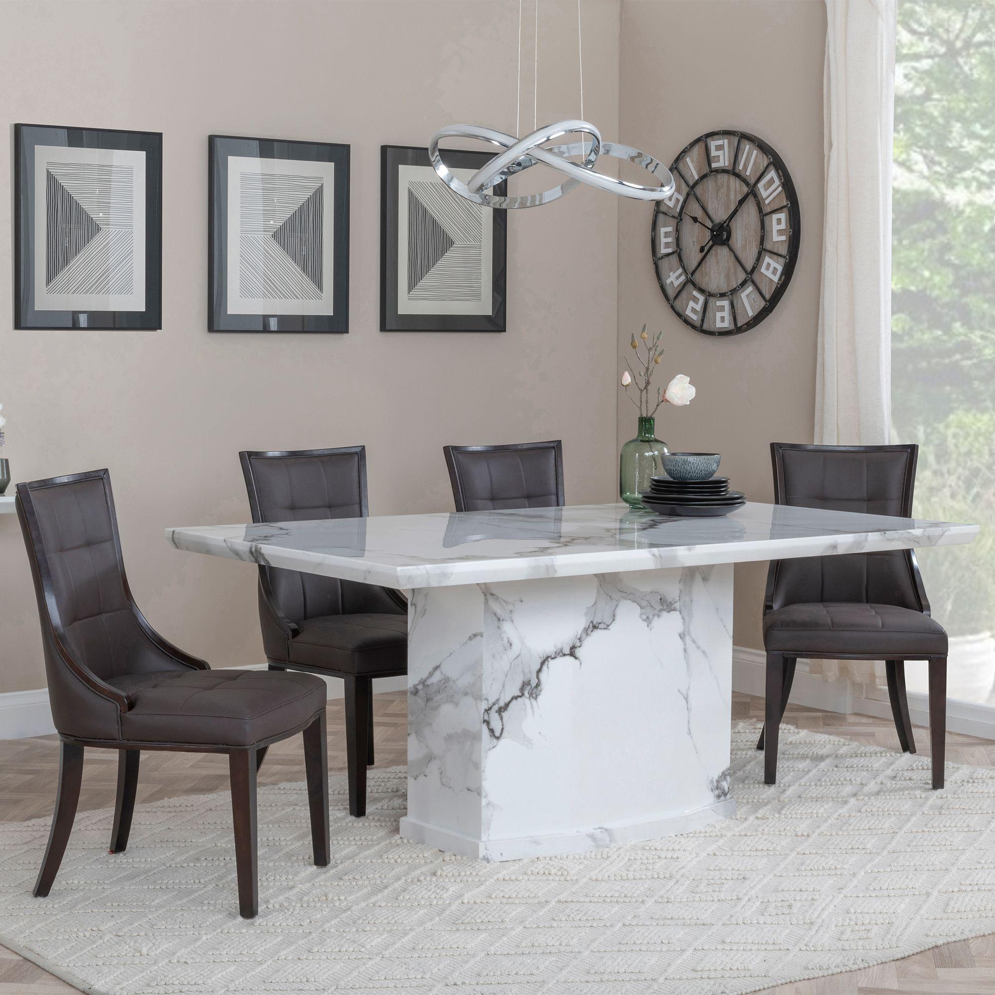 Naples Dining Set - 6 Seater - 160cm - White Marble - Paris Dining Chairs - Brown Leather - Brown Legs