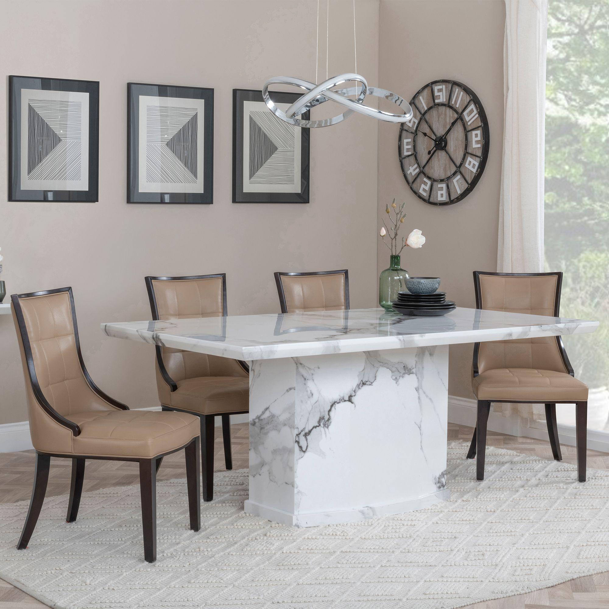 Naples Dining Set - 6 Seater - 160cm - White Marble - Paris Dining Chairs - Taupe Leather - Brown Legs