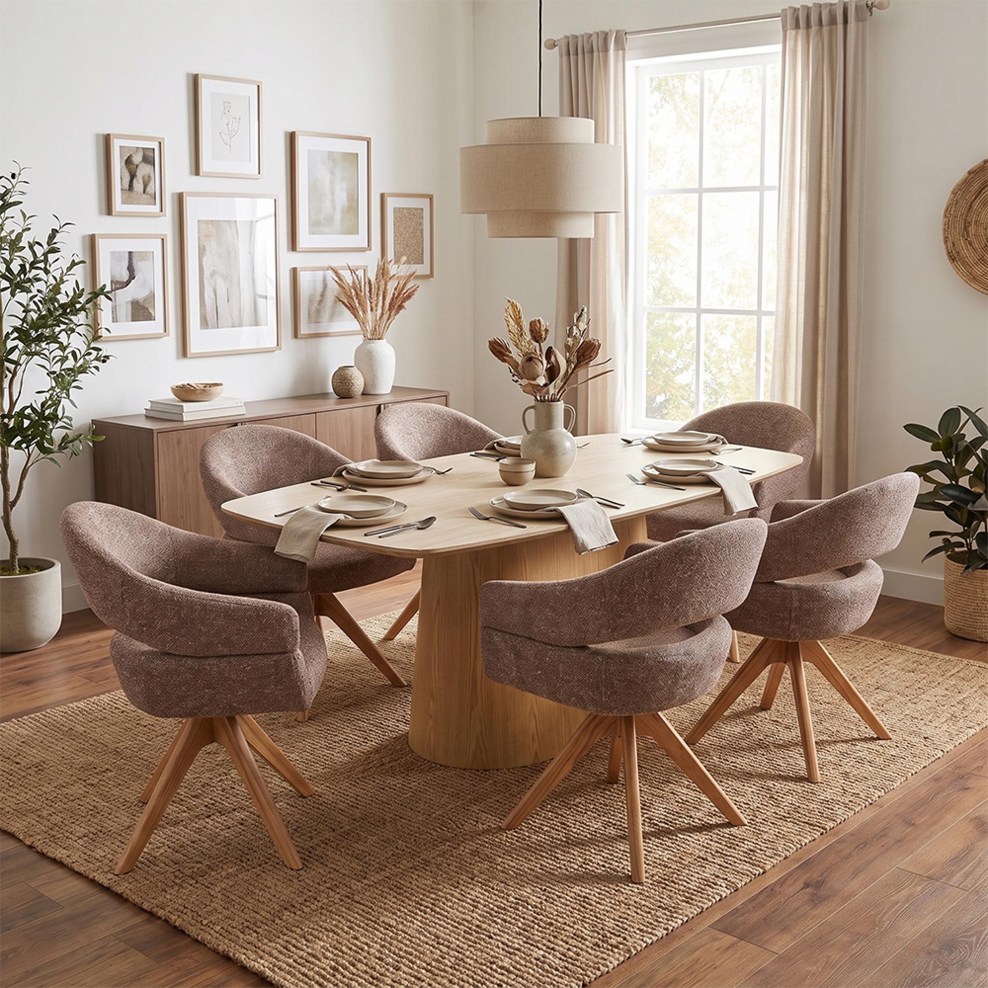 Noli Dining Set - 200cm - Pedestal Base - Natural - Ceramic and Wooden - 6 Dover Brown Swivel Armchairs