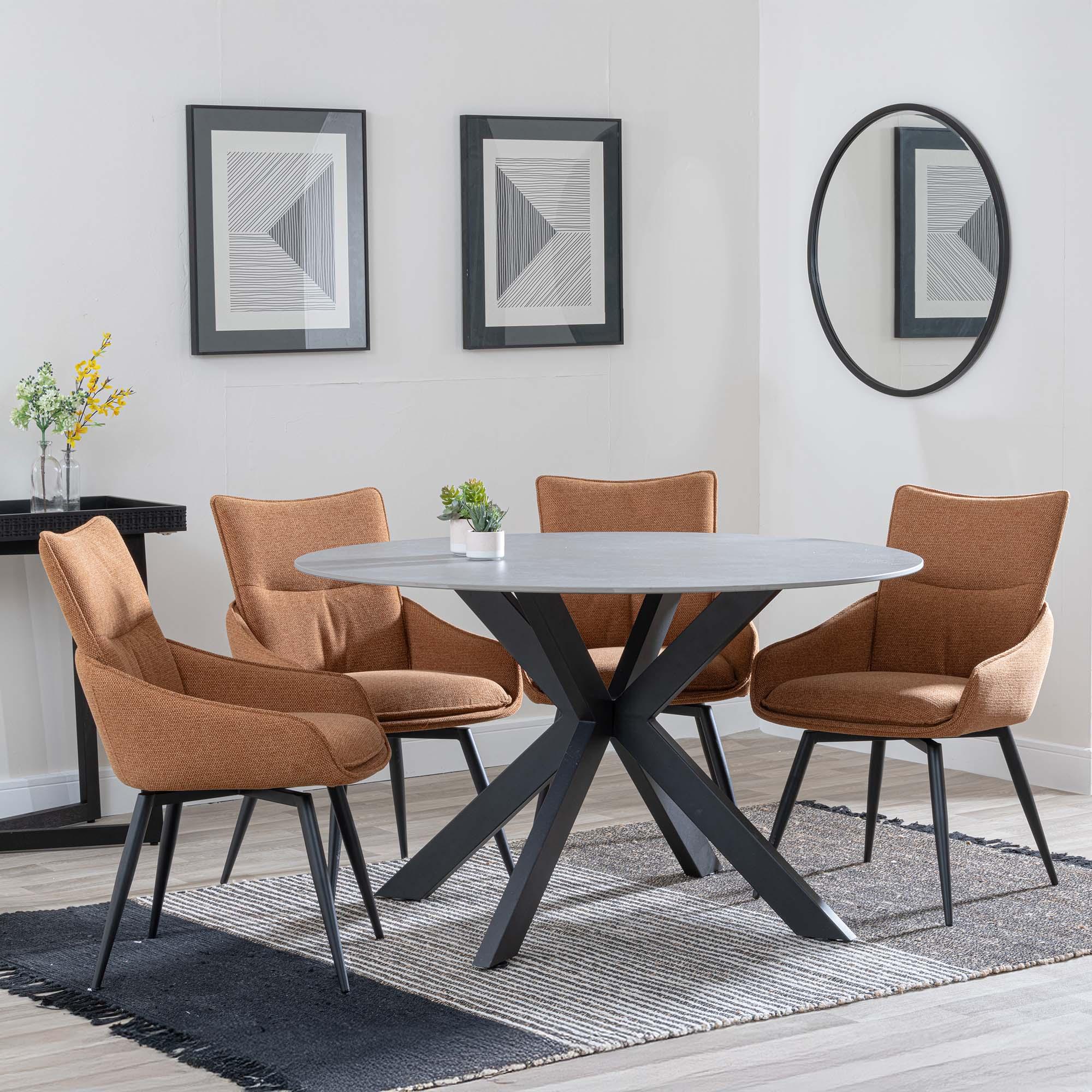 Novara Dining Set - 4 Seater - 130cm - Round - Grey Ceramic - 4x Ace Dining Chairs - Orange Fabric - Swivel