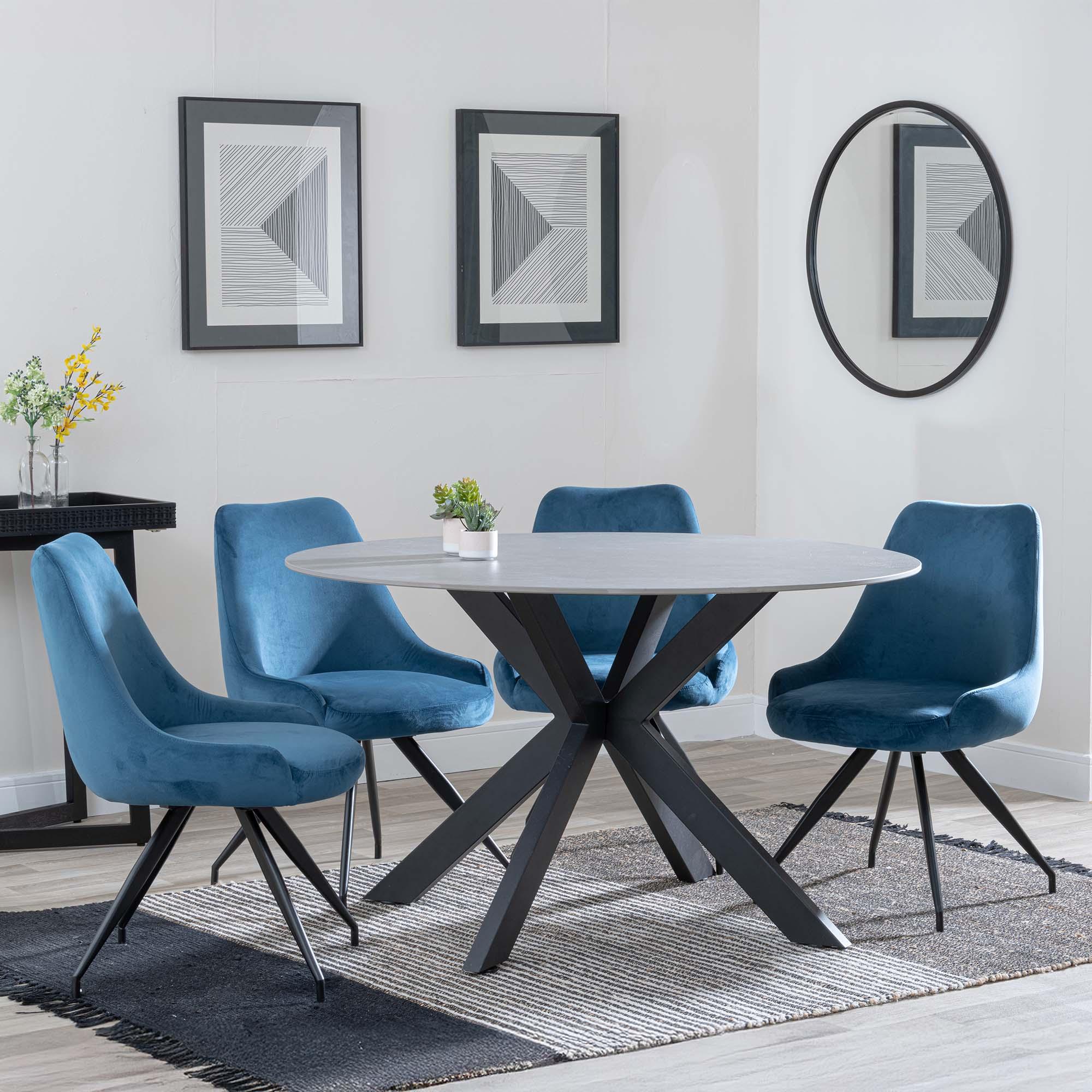Novara Dining Set - 4 Seater - 130cm - Round - Grey Ceramic - 4x Arctic Dining Chairs - Blue Velvet Fabric - Swivel