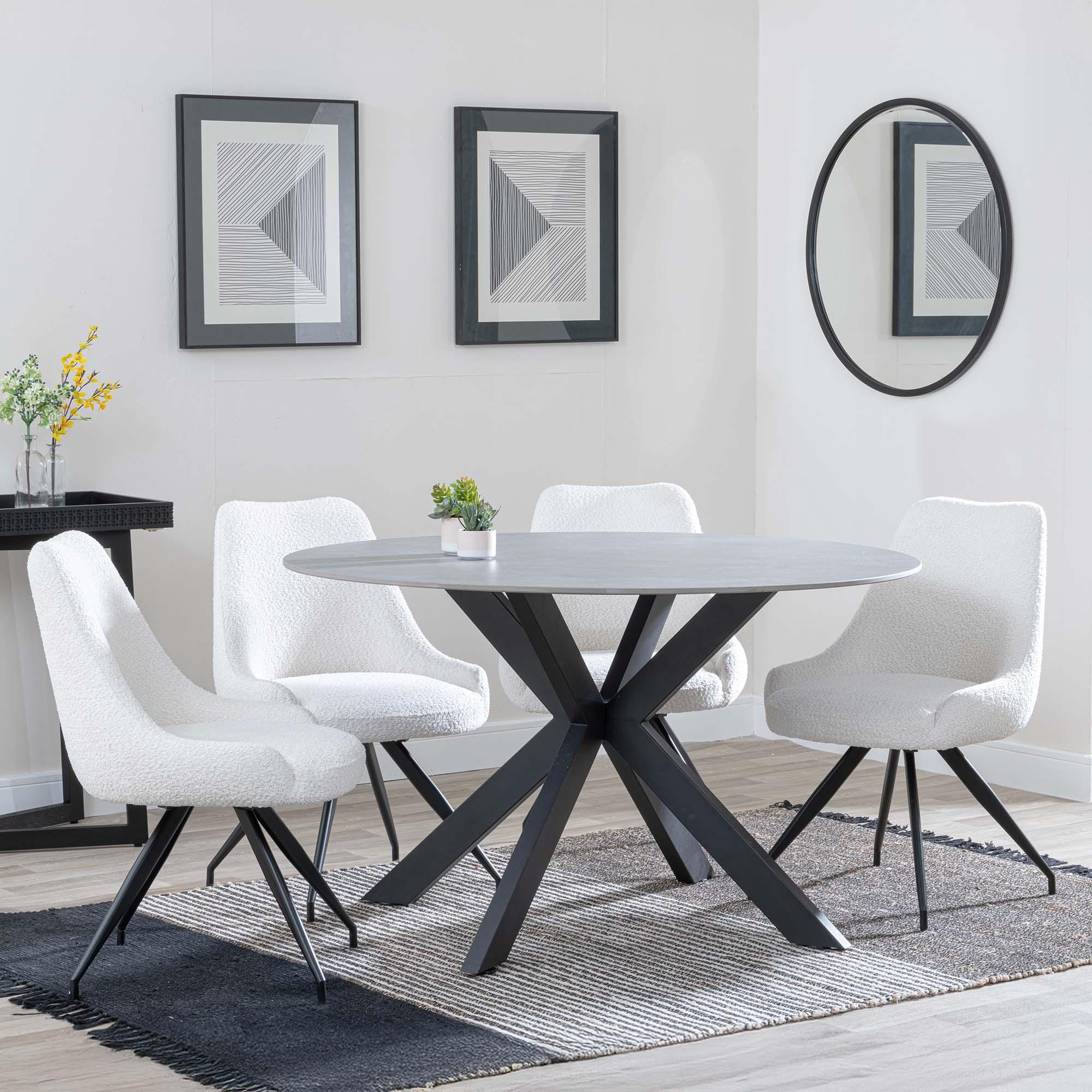 Novara Dining Set - 4 Seater - 130cm - Round - Grey Ceramic - 4x Arctic Dining Chairs - Cream Velvet Fabric - Swivel