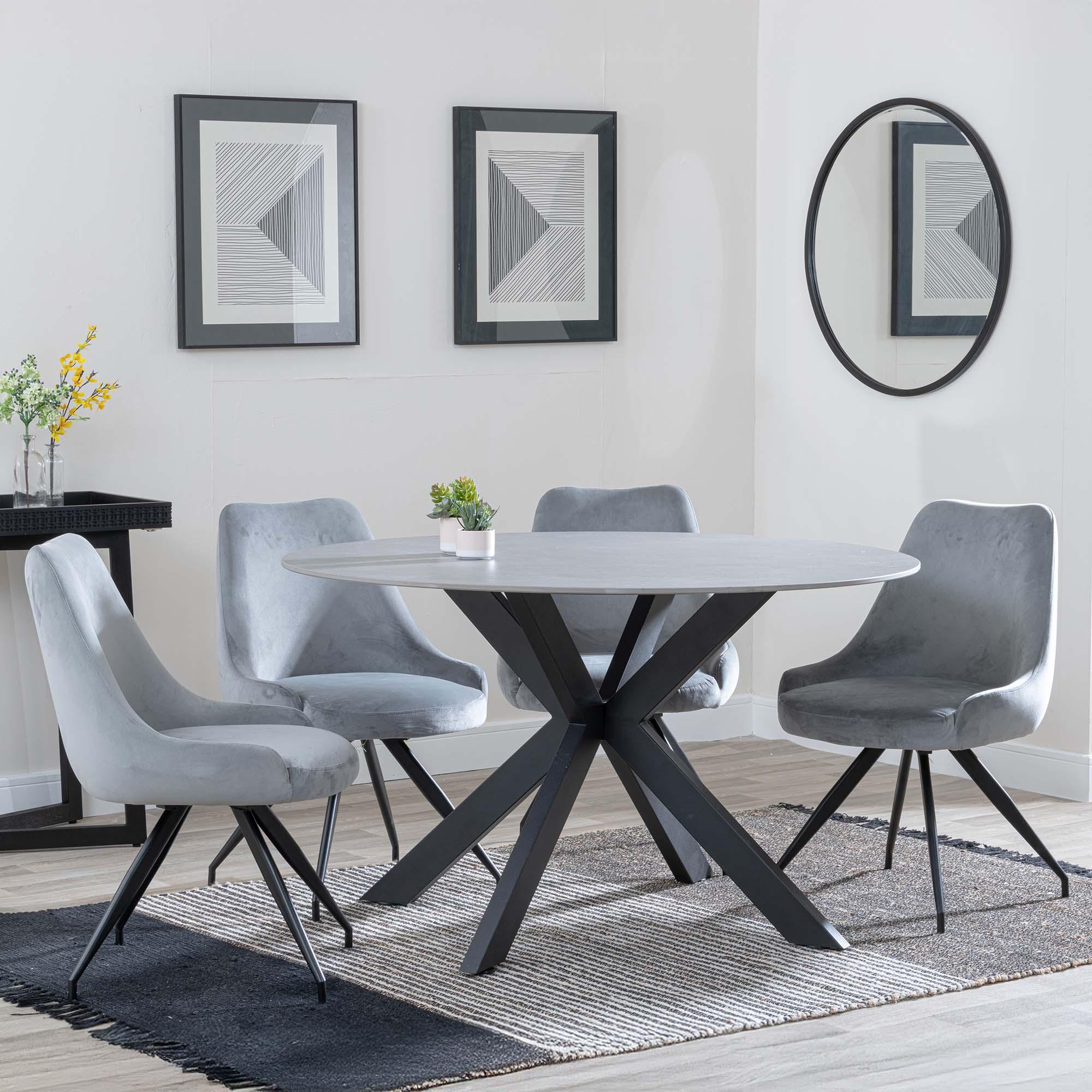 Novara Dining Set - 4 Seater - 130cm - Round - Grey Ceramic - 4x Arctic Dining Chairs - Grey Velvet Fabric - Swivel