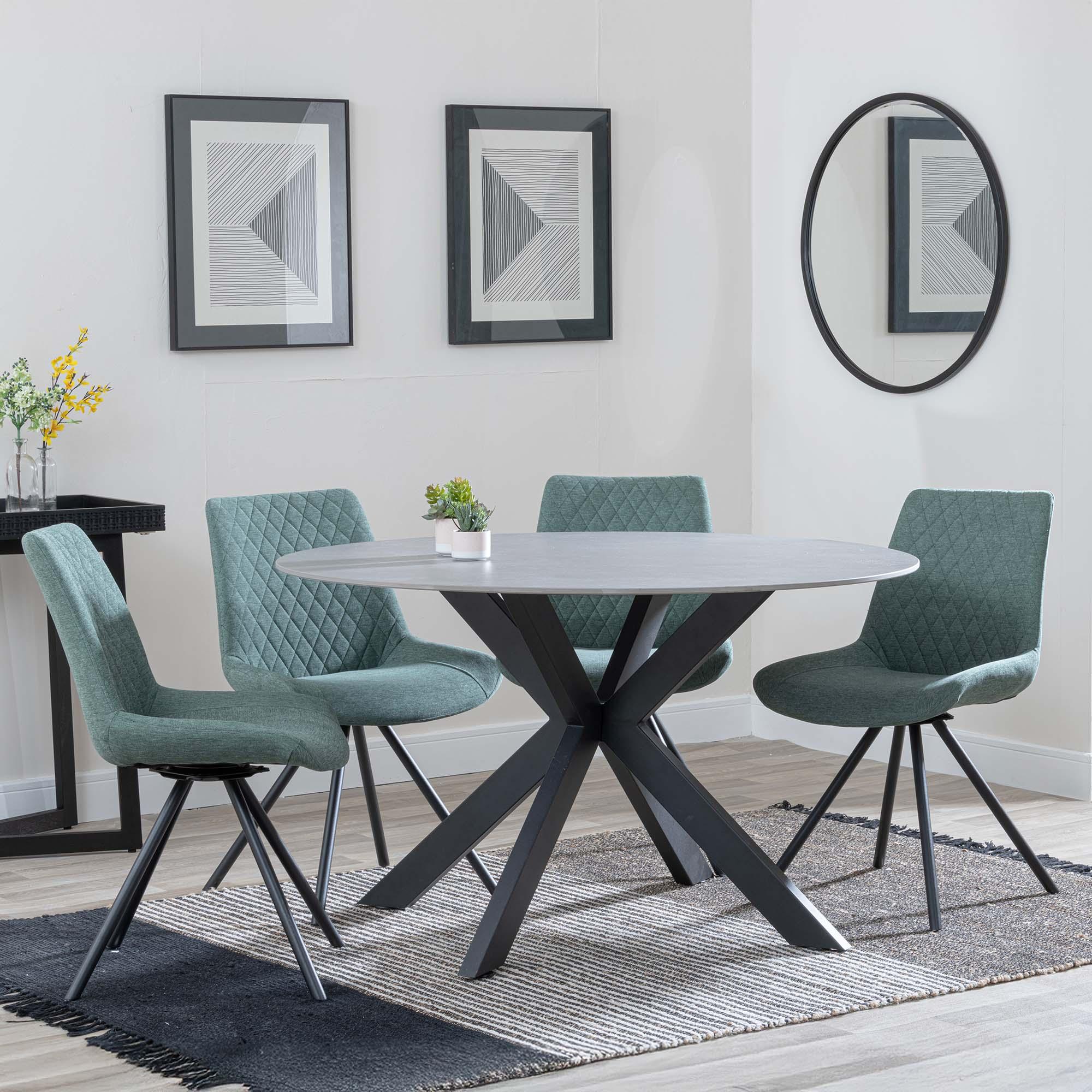 Novara Dining Set - 4 Seater - 130cm - Round - Grey Ceramic - 4x Boden Dining Chairs - Green Fabric - Swivel