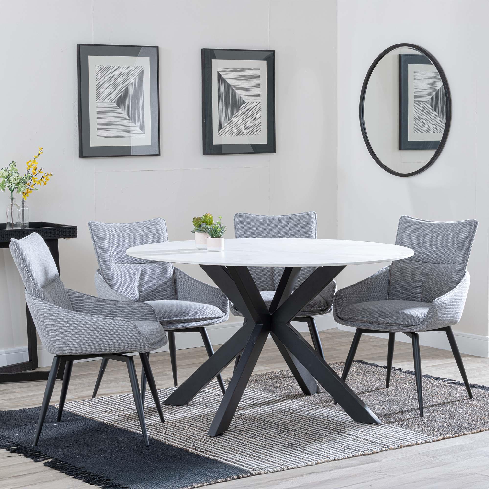 Novara Dining Set - 4 Seater - 130cm - Round - White Ceramic - 4x Ace Dining Chairs - Grey Fabric - Swivel