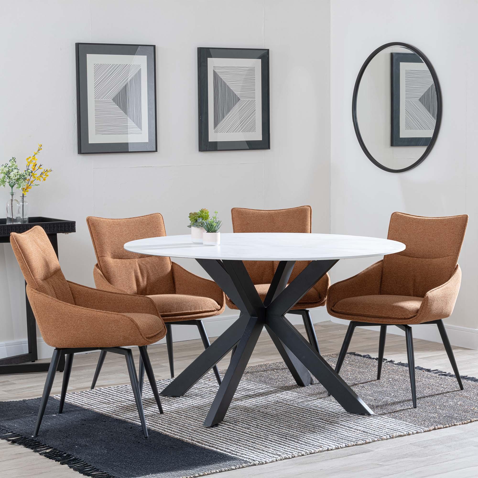Novara Dining Set - 4 Seater - 130cm - Round - White Ceramic - 4x Ace Dining Chairs - Orange Fabric - Swivel