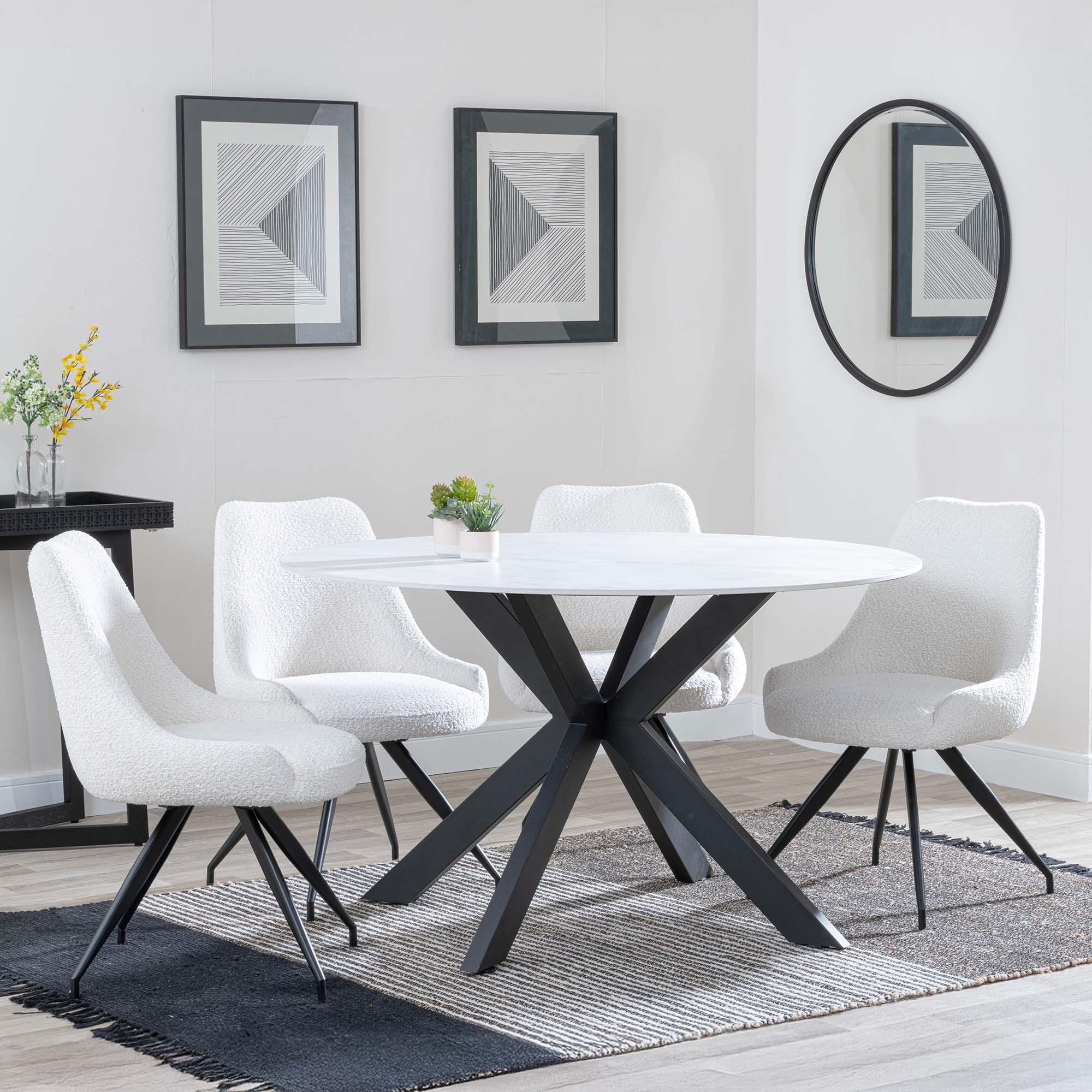 Novara Dining Set - 4 Seater - 130cm - Round - White Ceramic - 4x Arctic Dining Chairs - Cream Velvet Fabric - Swivel