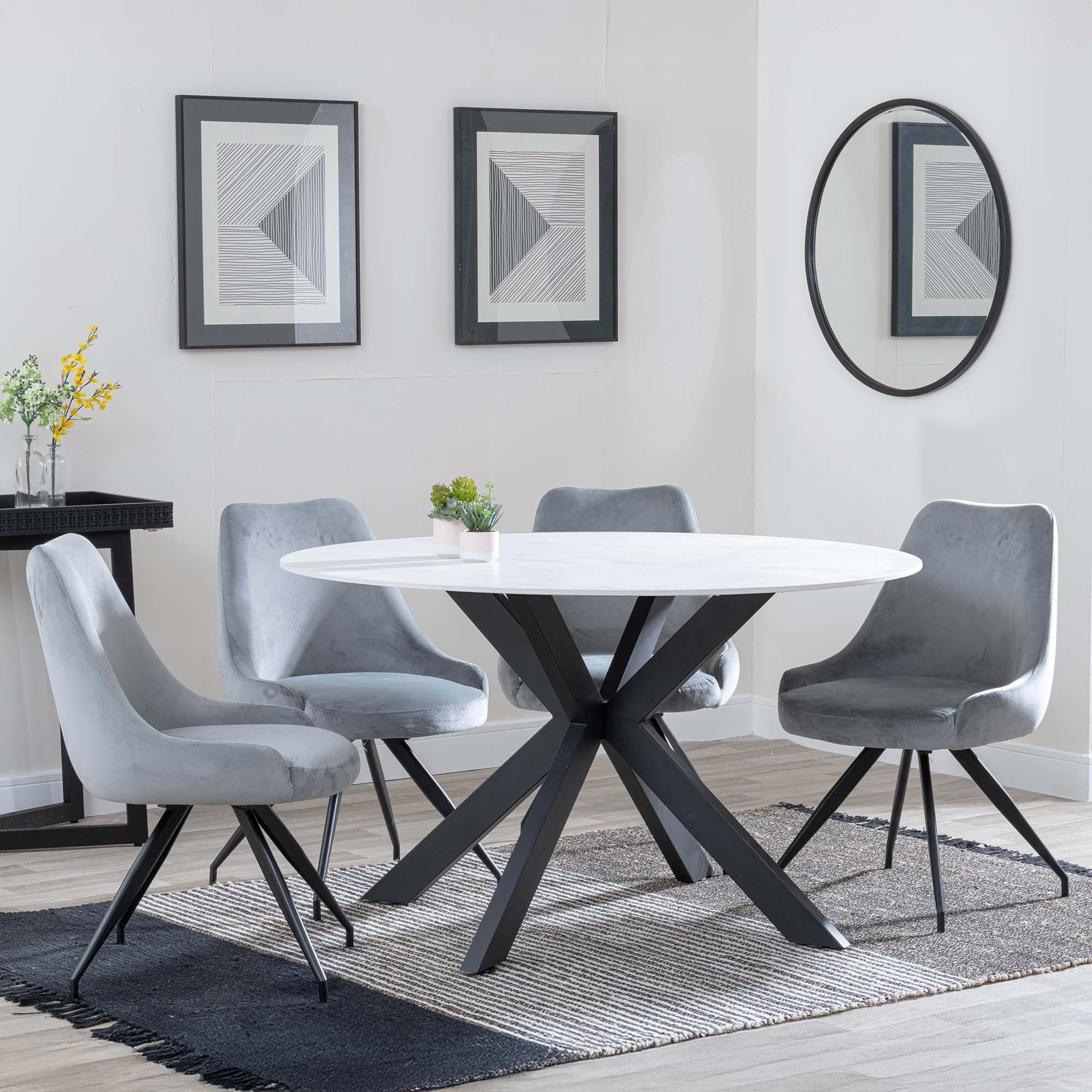 Novara Dining Set - 4 Seater - 130cm - Round - White Ceramic - 4x Arctic Dining Chairs - Grey Velvet Fabric - Swivel