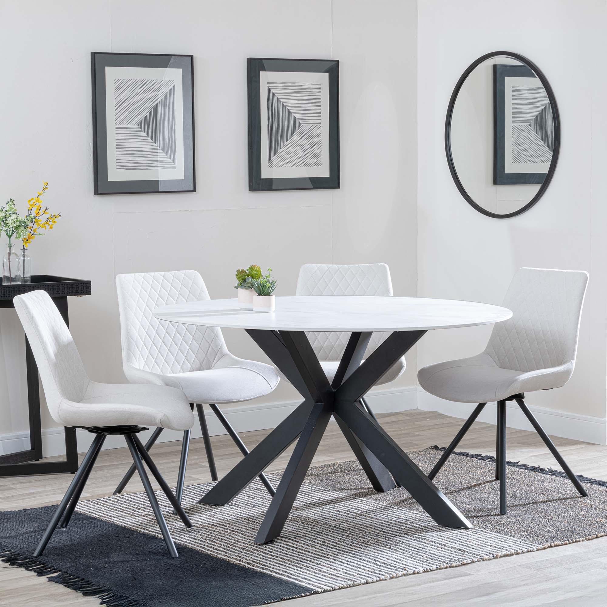 Novara Dining Set - 4 Seater - 130cm - Round - White Ceramic - 4x Boden Dining Chairs - Cream Fabric - Swivel