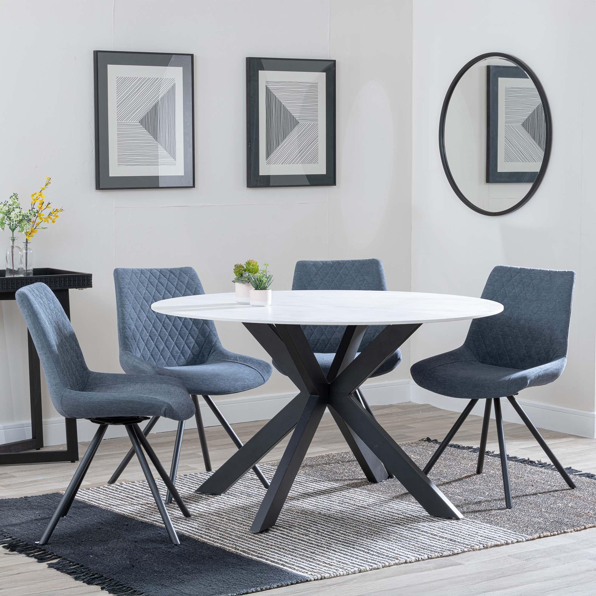 Novara Dining Set - 4 Seater - 130cm - Round - White Ceramic - 4x Boden Dining Chairs - Dark Grey Fabric - Swivel