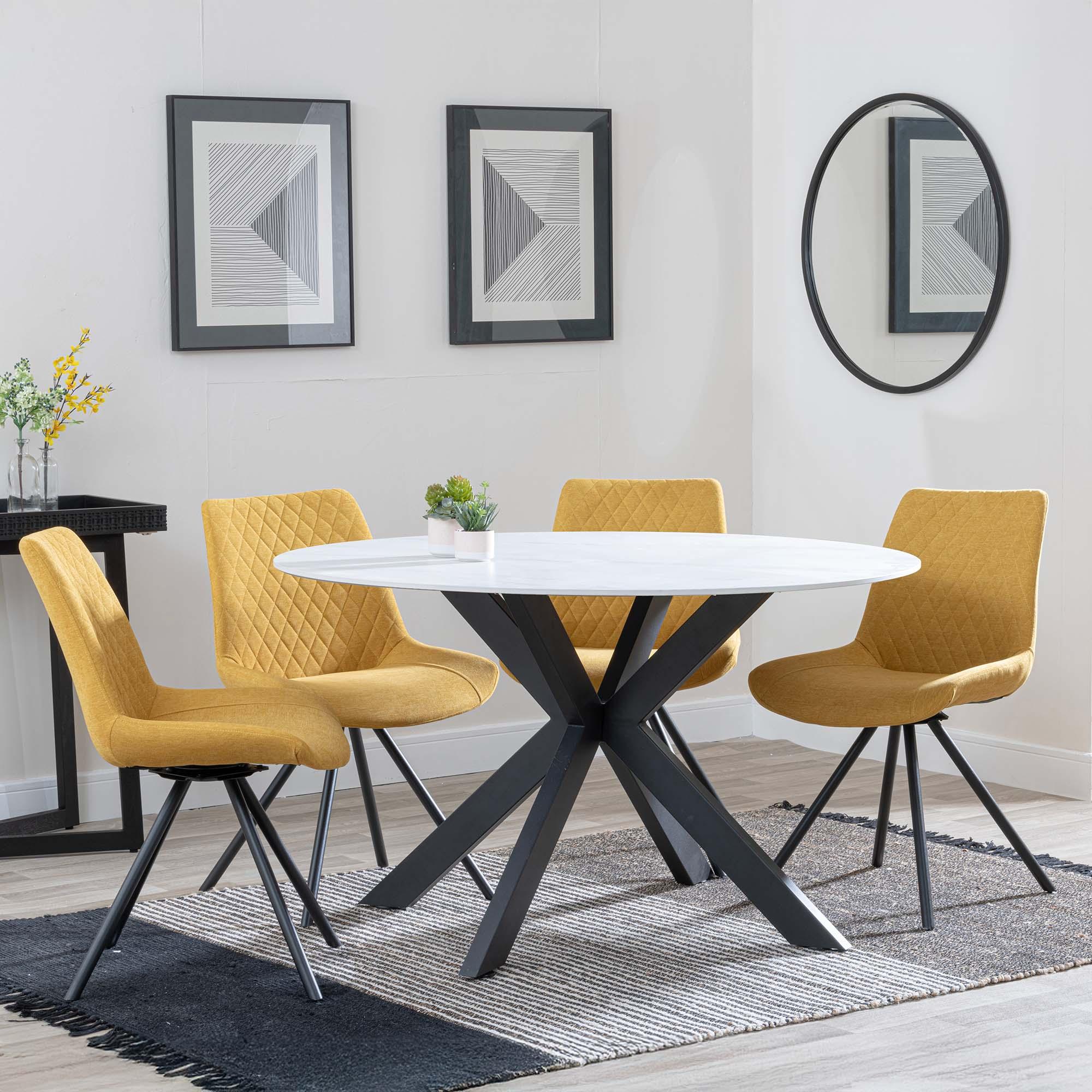 Novara Dining Set - 4 Seater - 130cm - Round - White Ceramic - 4x Boden Dining Chairs - Yellow Fabric - Swivel