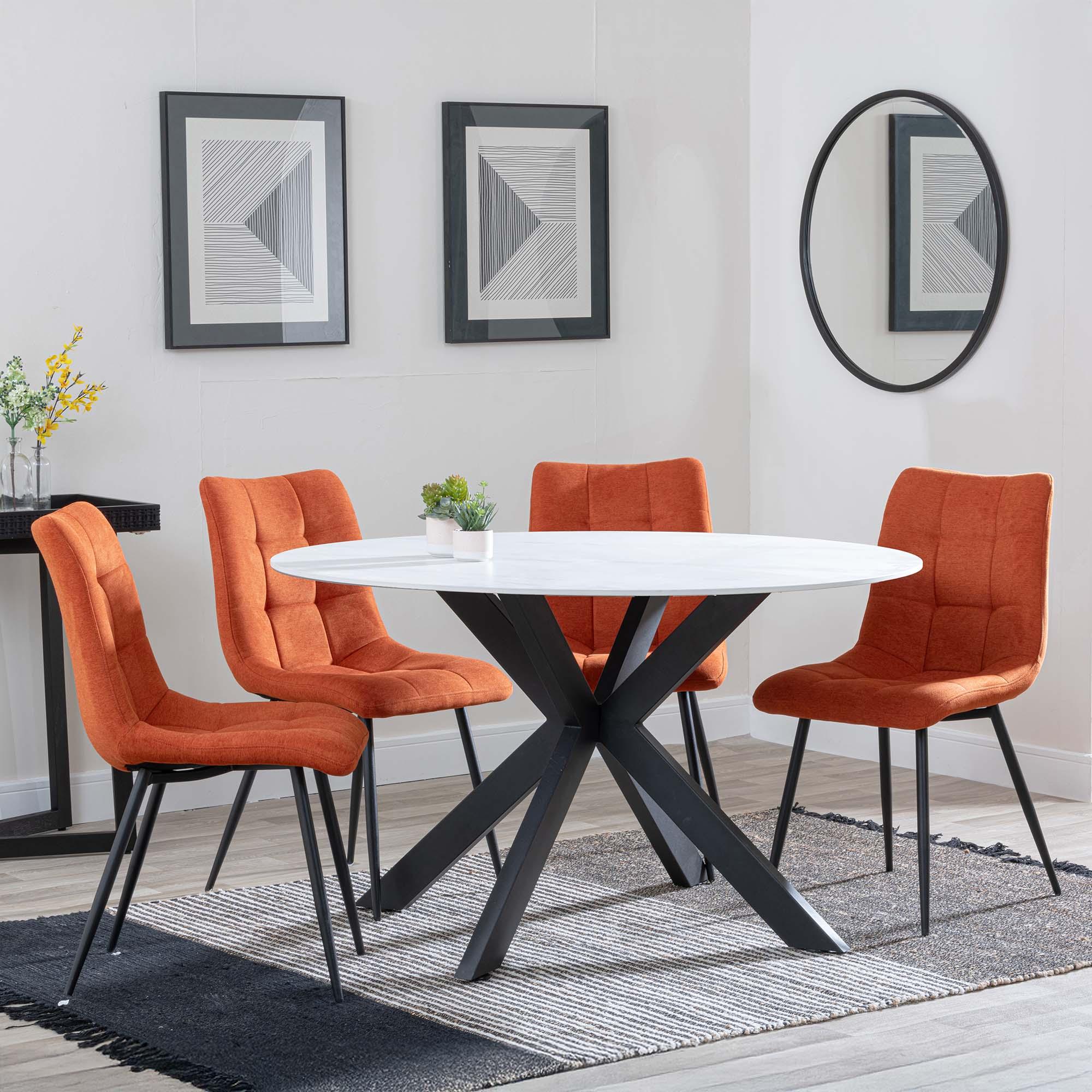 Novara Dining Set - 4 Seater - 130cm - Round - White Ceramic - 4x Corona Dining Chairs - Orange Fabric