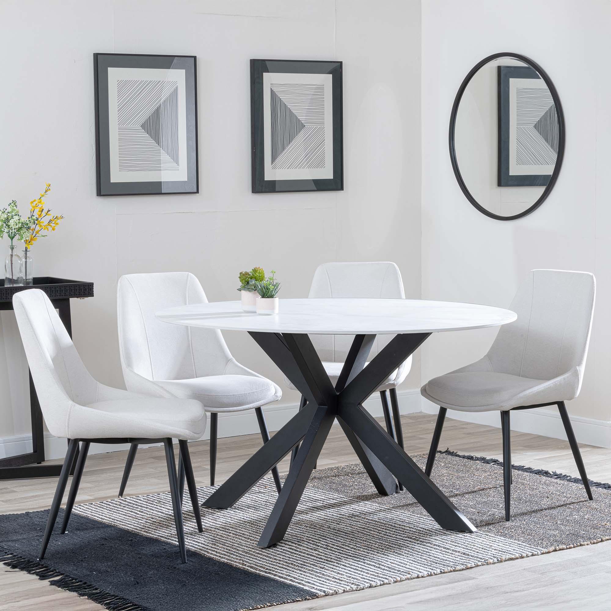 Novara Dining Set - 4 Seater - 130cm - Round - White Ceramic - 4x Darwin Dining Chairs - Cream Fabric
