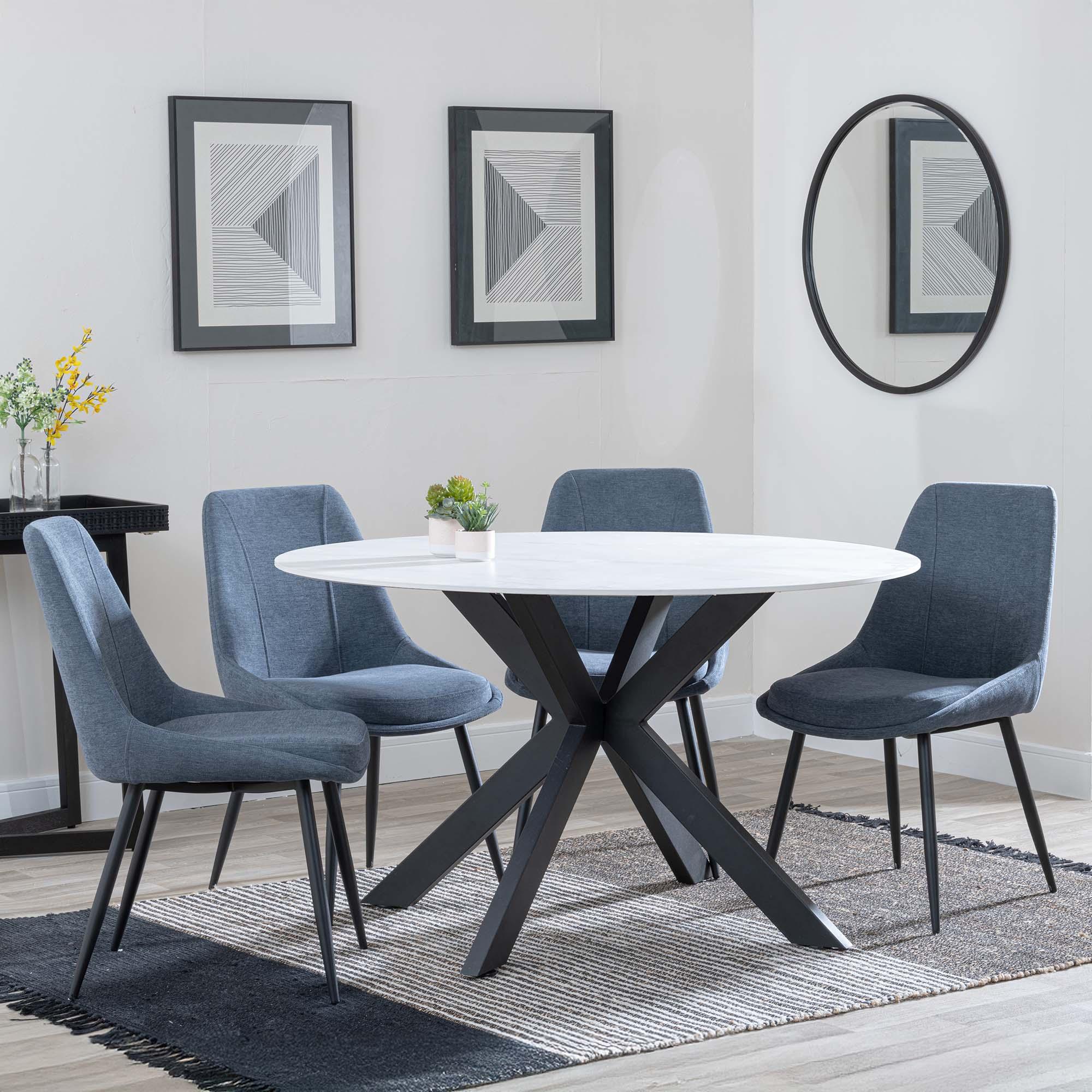 Novara Dining Set - 4 Seater - 130cm - Round - White Ceramic - 4x Darwin Dining Chairs - Dark Grey Fabric