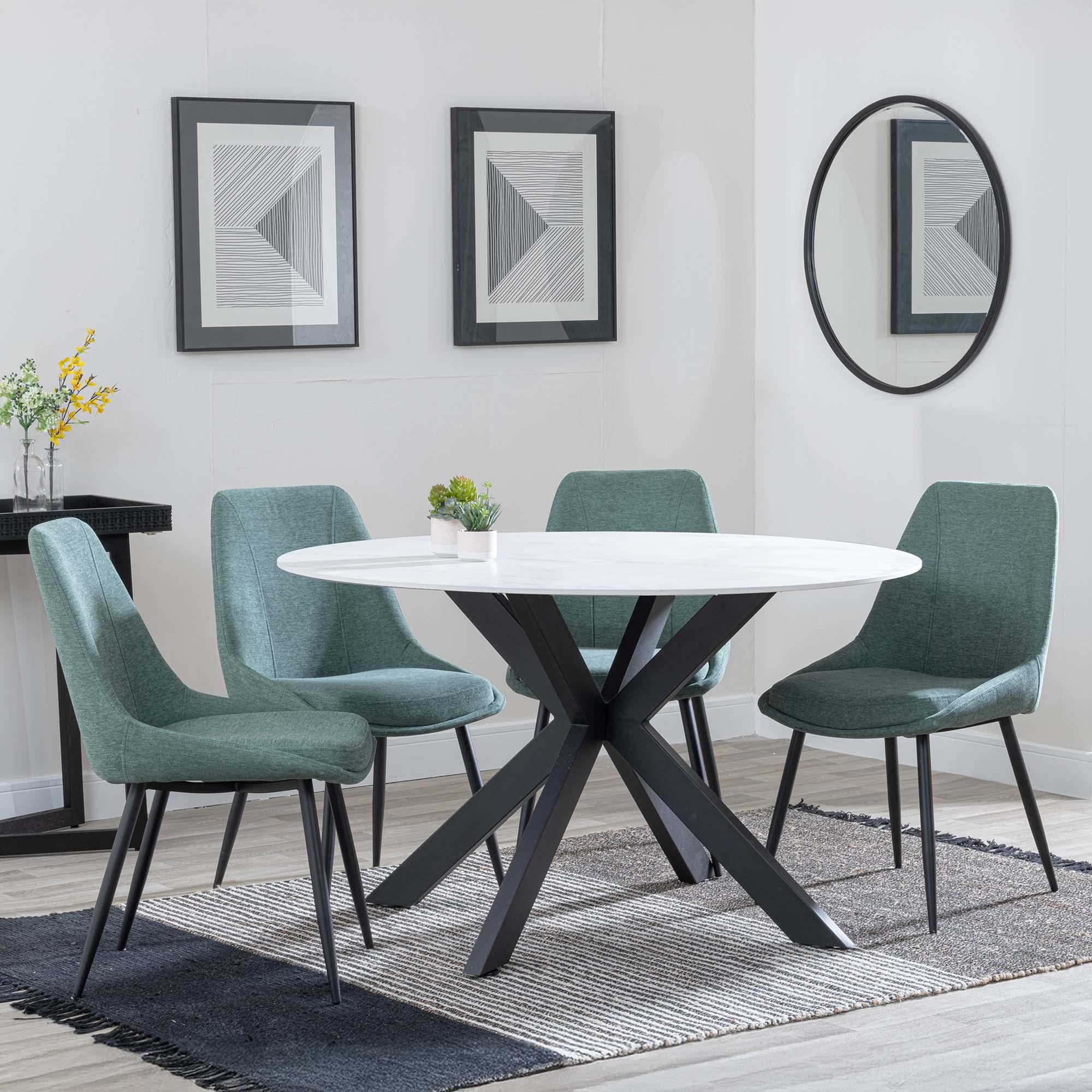 Novara Dining Set - 4 Seater - 130cm - Round - White Ceramic - 4x Darwin Dining Chairs - Green Fabric