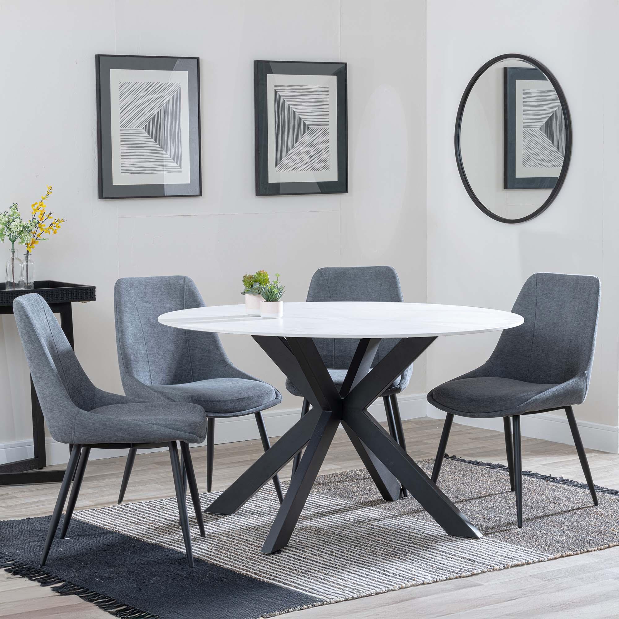 Novara Dining Set - 4 Seater - 130cm - Round - White Ceramic - 4x Darwin Dining Chairs - Grey Fabric