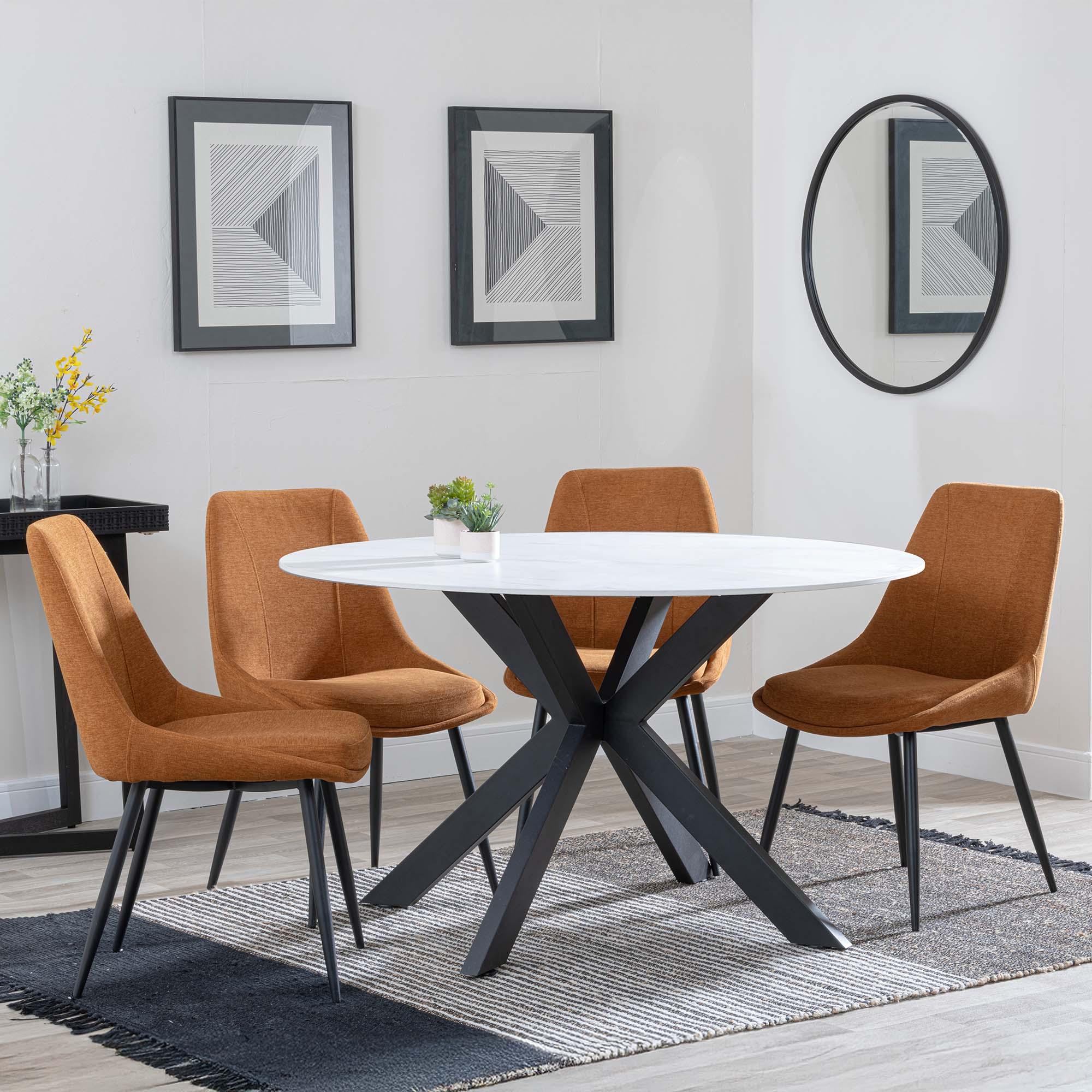 Novara Dining Set - 4 Seater - 130cm - Round - White Ceramic - 4x Darwin Dining Chairs - Orange Fabric