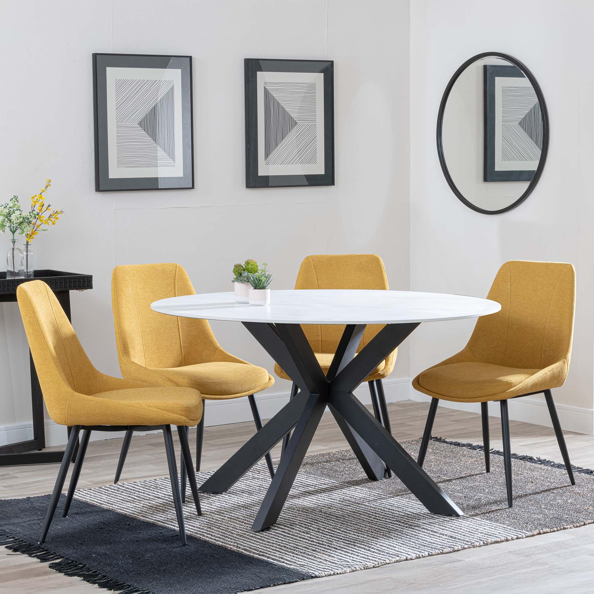 Novara Dining Set - 4 Seater - 130cm - Round - White Ceramic - 4x Darwin Dining Chairs - Yellow Fabric
