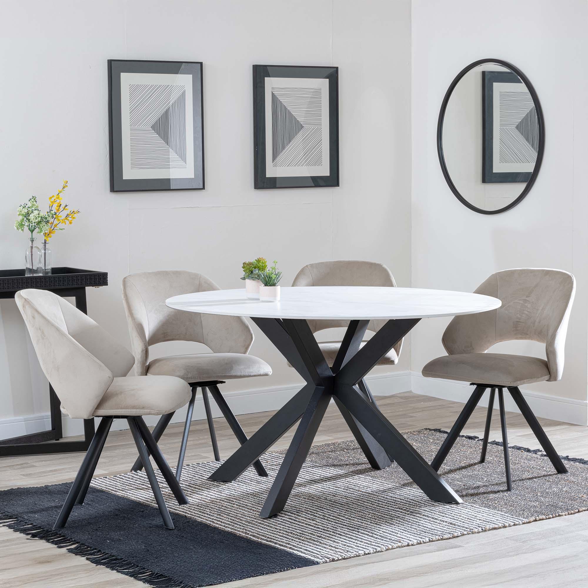 Novara Dining Set - 4 Seater - 130cm - Round - White Ceramic - 4x Ion Dining Chairs - Beige Velvet Fabric - Swivel