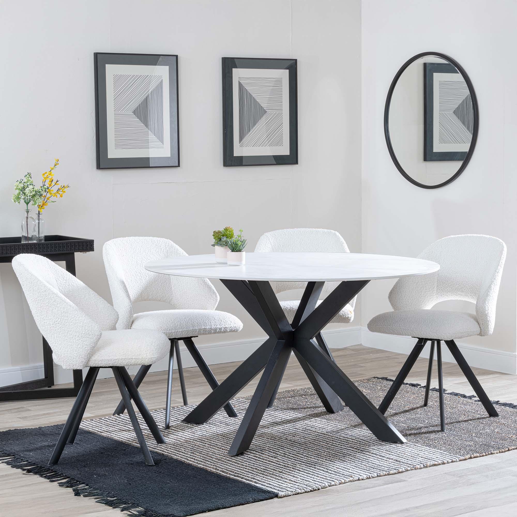 Novara Dining Set - 4 Seater - 130cm - Round - White Ceramic - 4x Ion Dining Chairs - Cream Boucle Teddy Fabric - Swivel