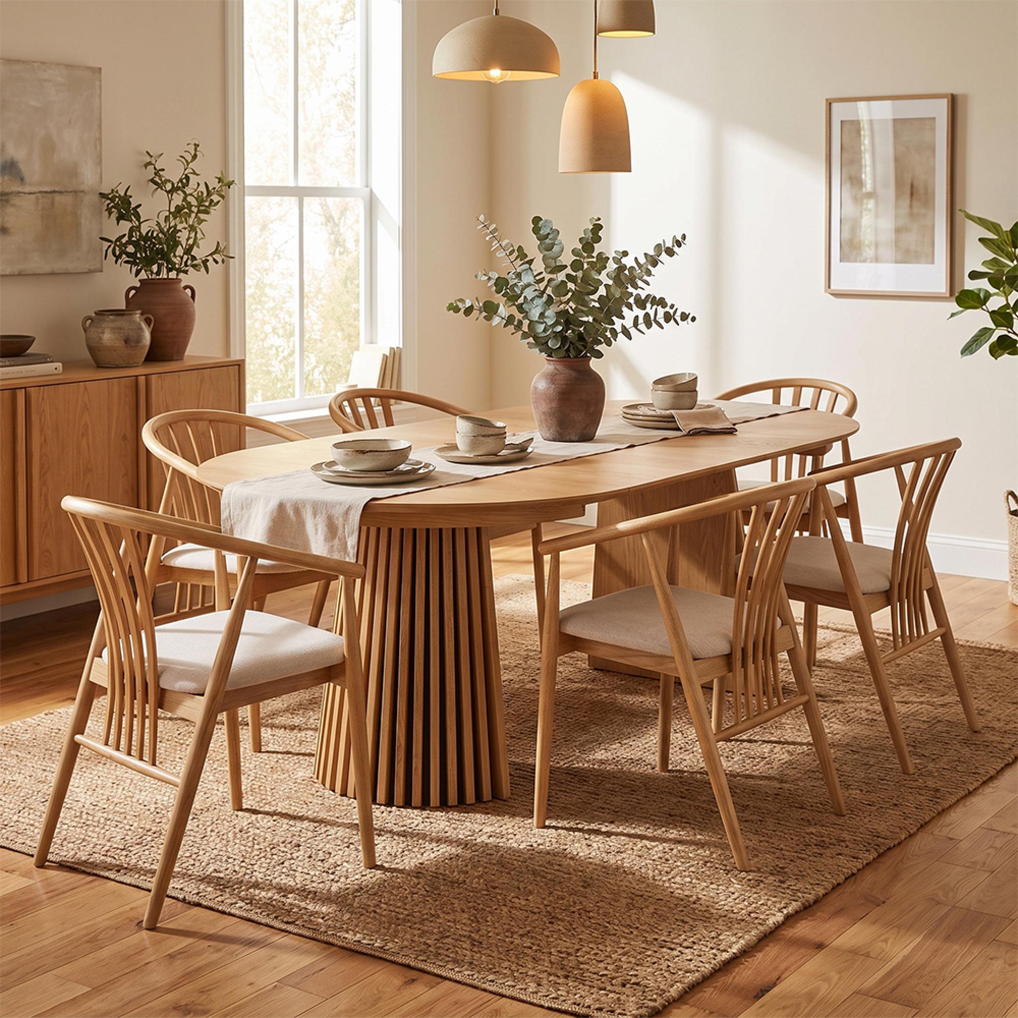 Osaka Oak Extending Dining Set - 120cm-200cm - Round - Slatted Base - Natural - 6 Agustin Spindle Back Chairs