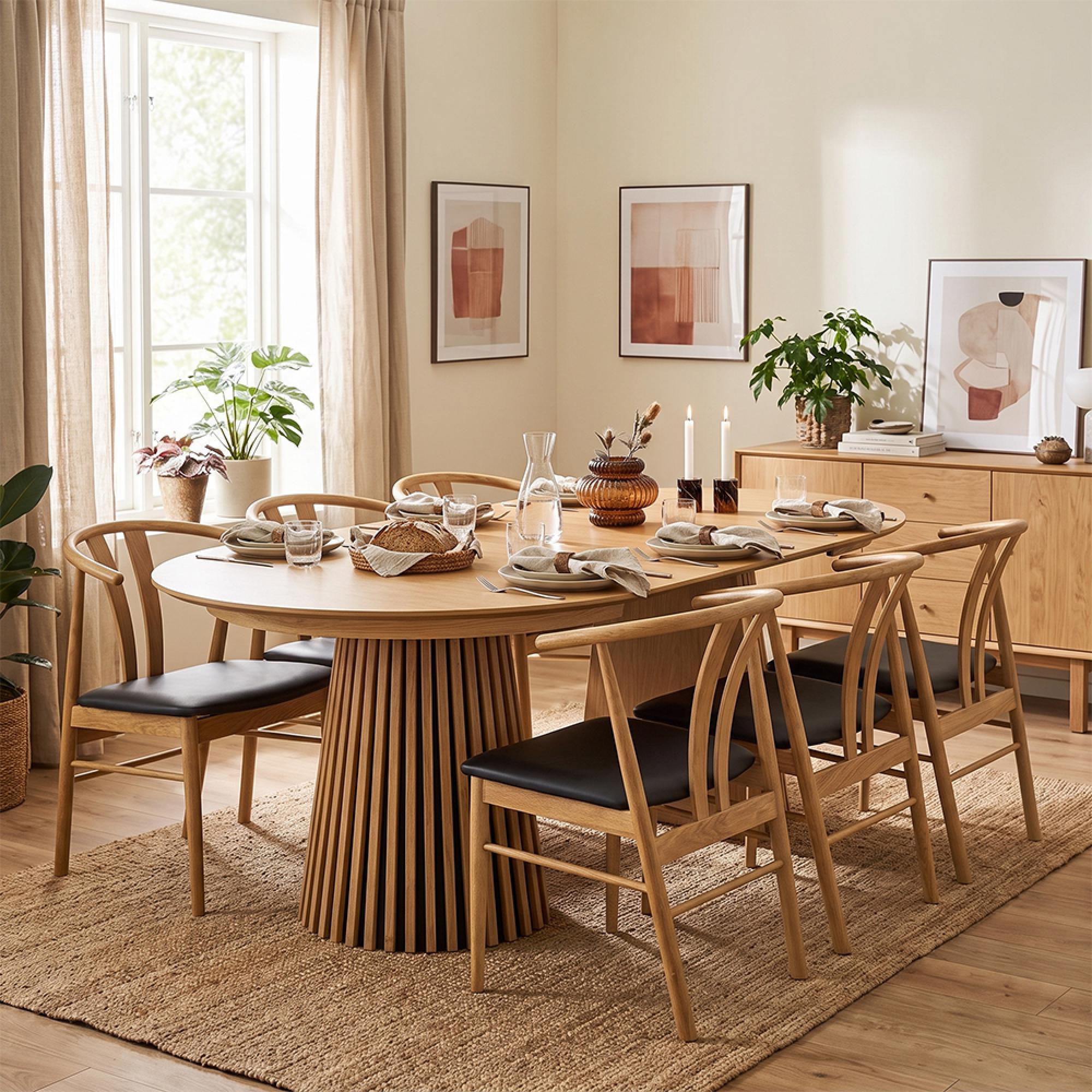 Osaka Oak Extending Dining Set - 120cm-200cm - Round - Slatted Base - Natural - 6 Artenara Spindle Back Chairs