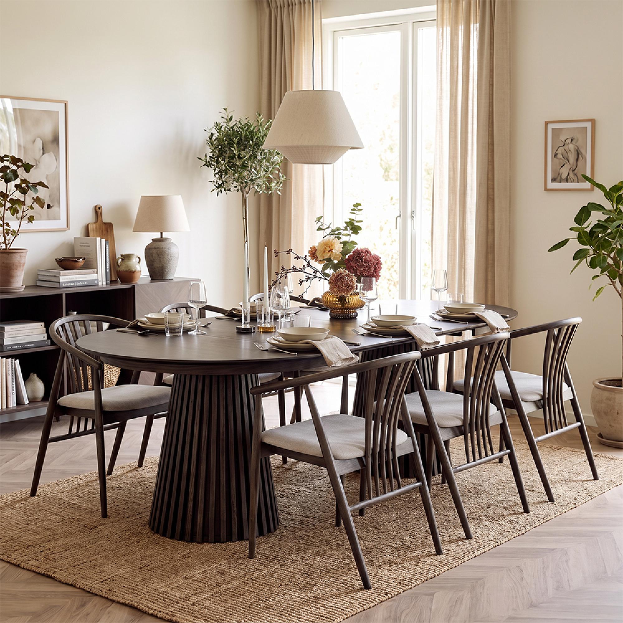 Osaka Oak Extending Dining Set - 120cm-200cm - Round - Slatted Base - Smoked - 6 Agustin Spindle Back Chairs