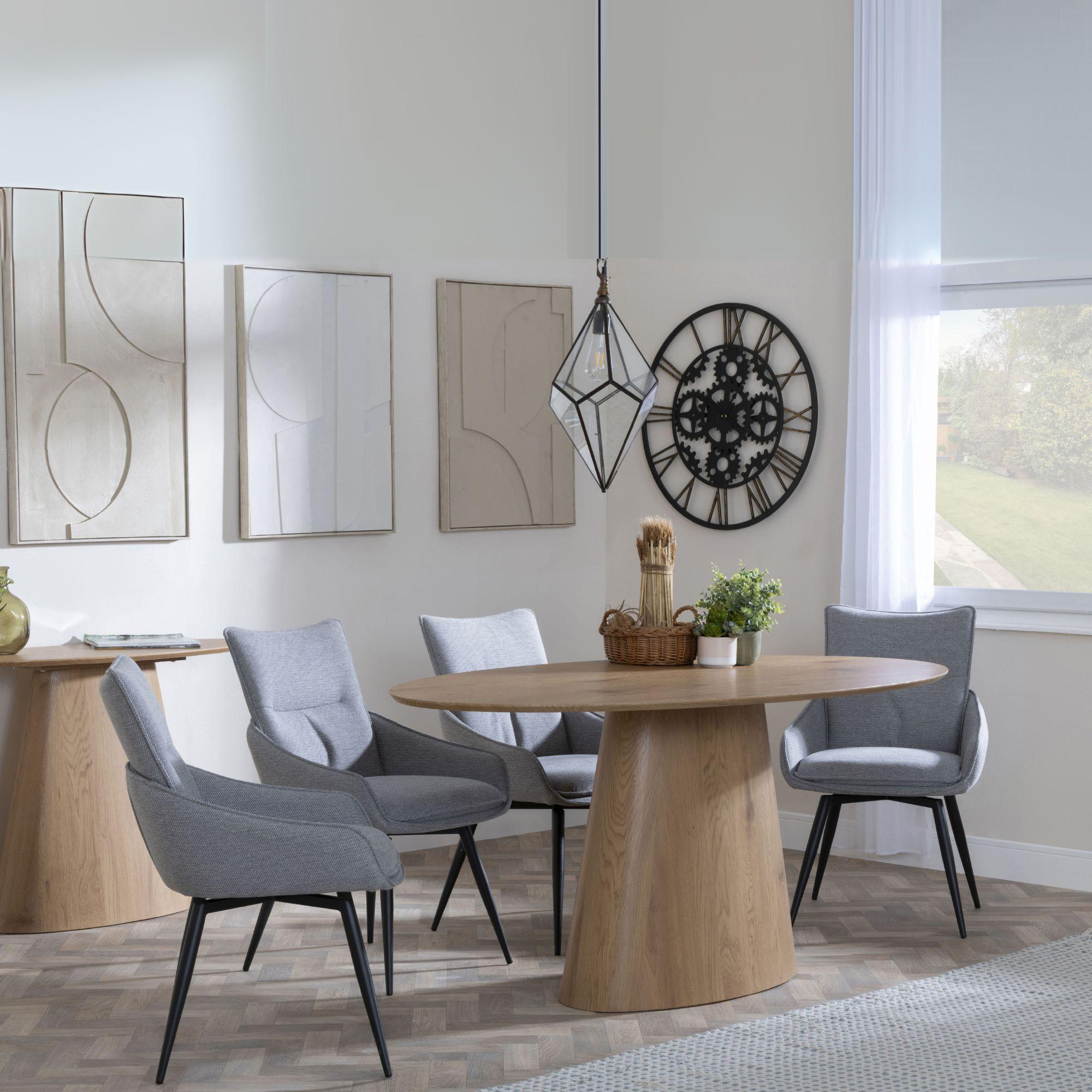Palma Dining Set - 6 Seater - 180cm - Oval - Oak - Ace Dining Chairs - Grey Fabric - Swivel