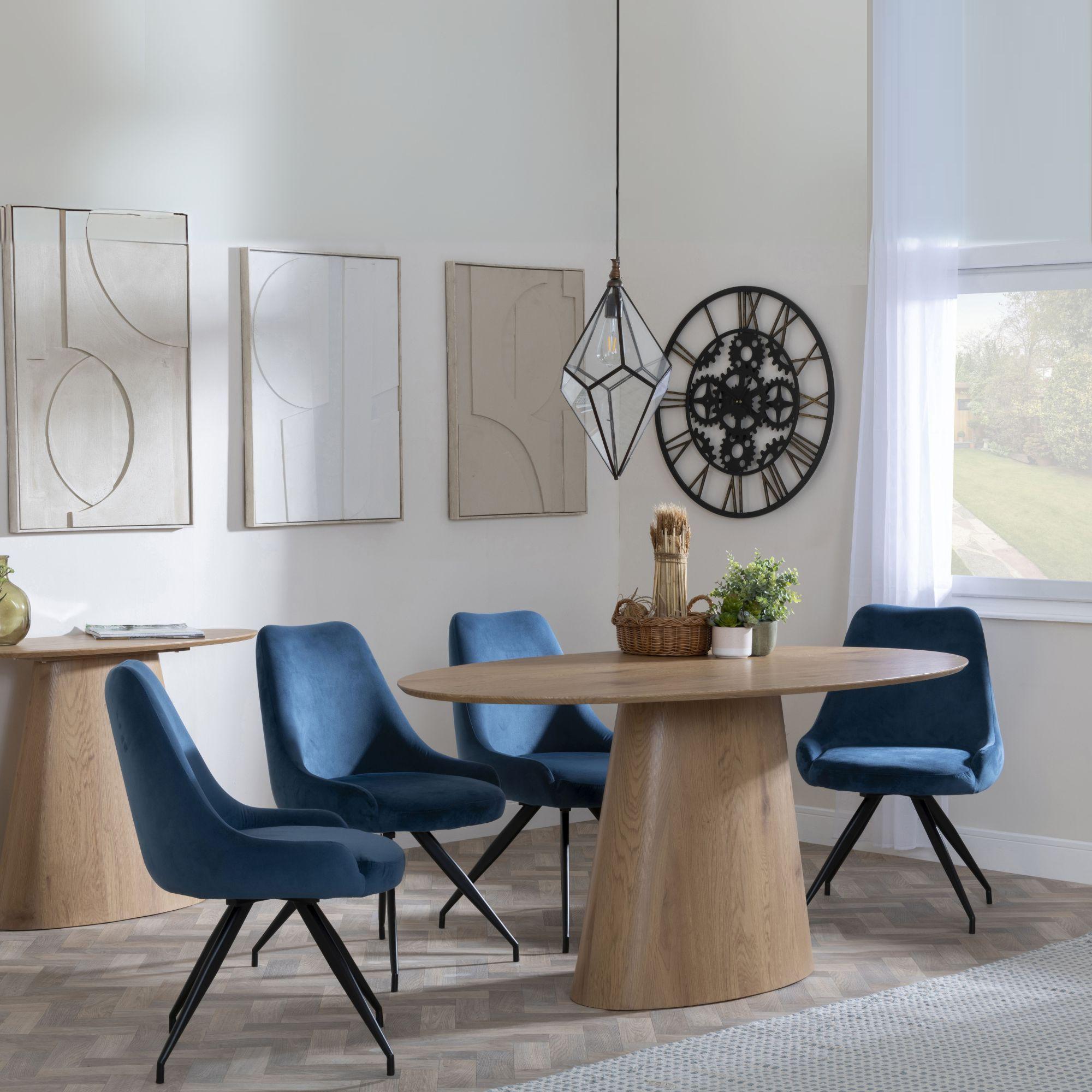Palma Dining Set - 6 Seater - 180cm - Oval - Oak - Arctic Dining Chairs - Blue Velvet Fabric - Swivel