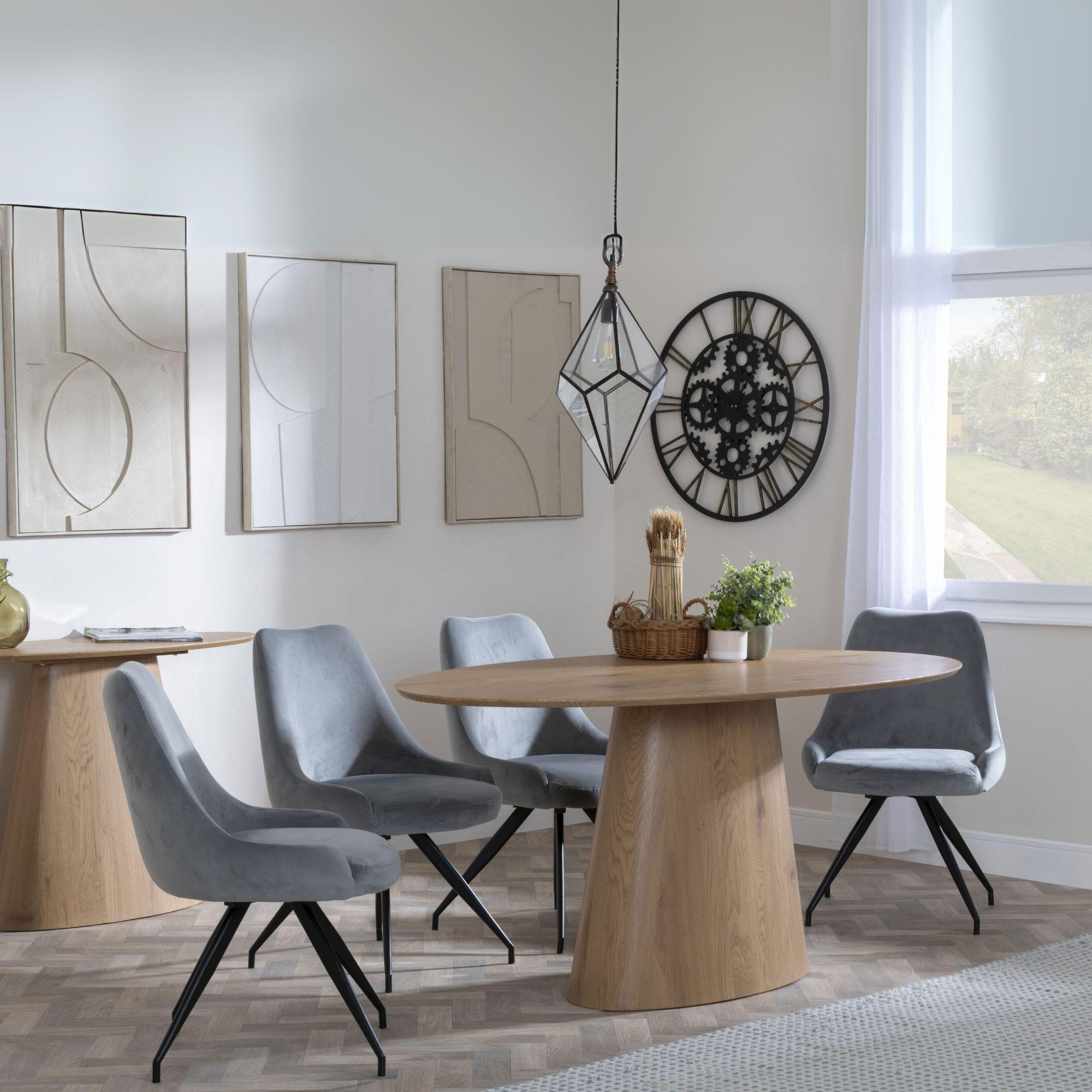 Palma Dining Set - 6 Seater - 180cm - Oval - Oak - Arctic Dining Chairs - Grey Velvet Fabric - Swivel