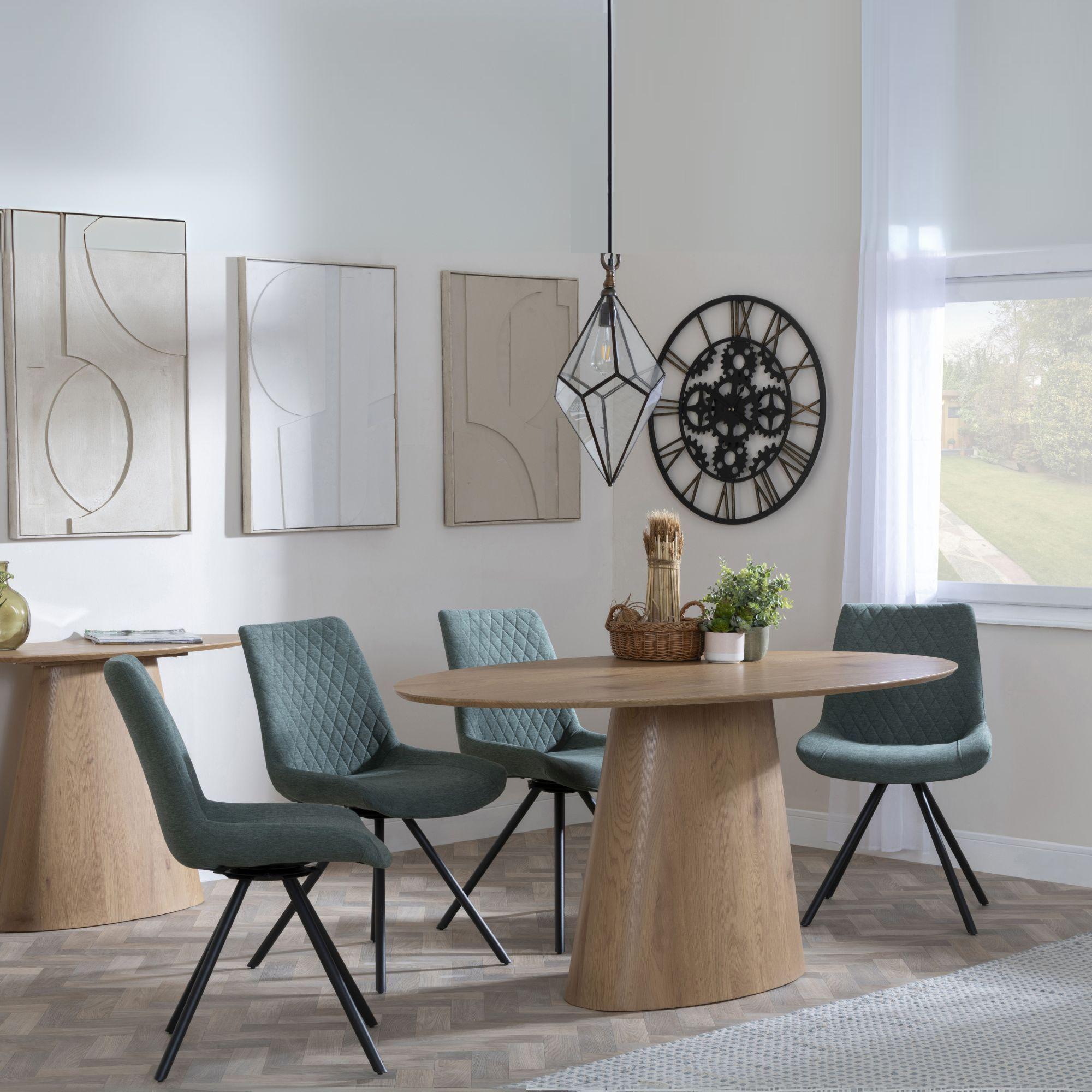 Palma Dining Set - 6 Seater - 180cm - Oval - Oak - Boden Dining Chairs - Green Fabric - Swivel