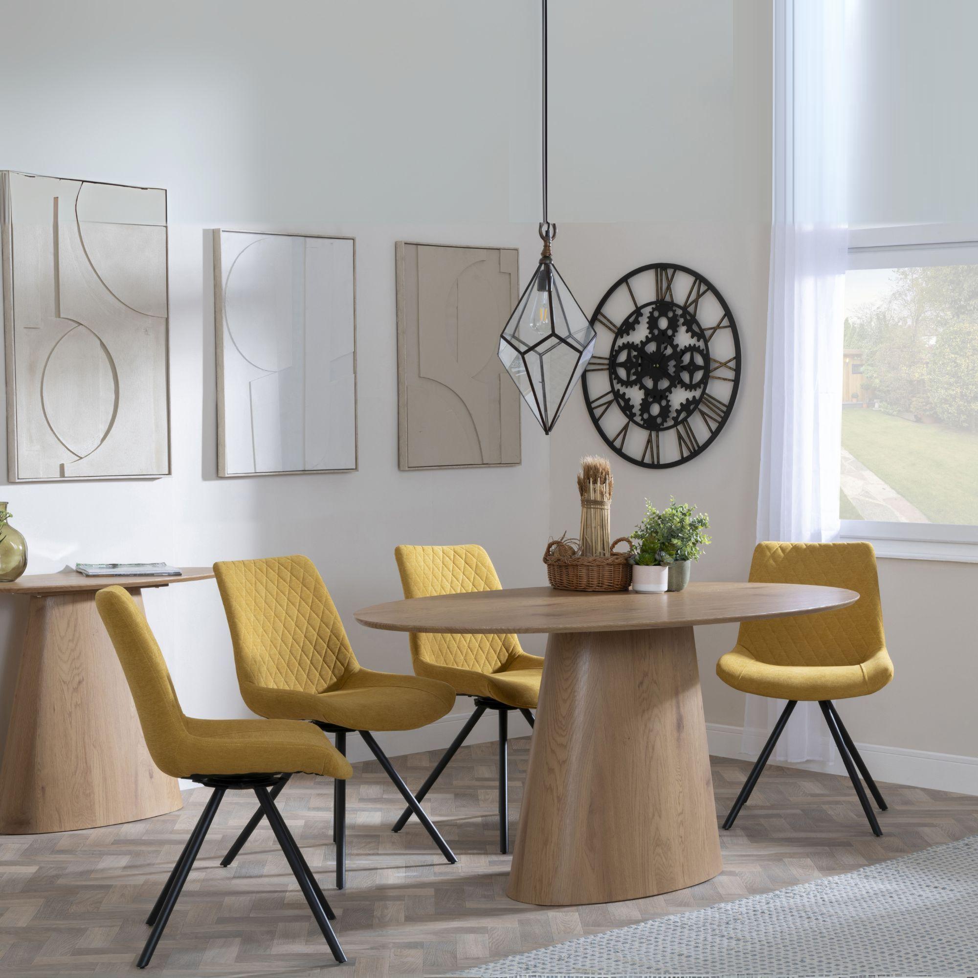 Palma Dining Set - 6 Seater - 180cm - Oval - Oak - Boden Dining Chairs - Yellow Fabric - Swivel